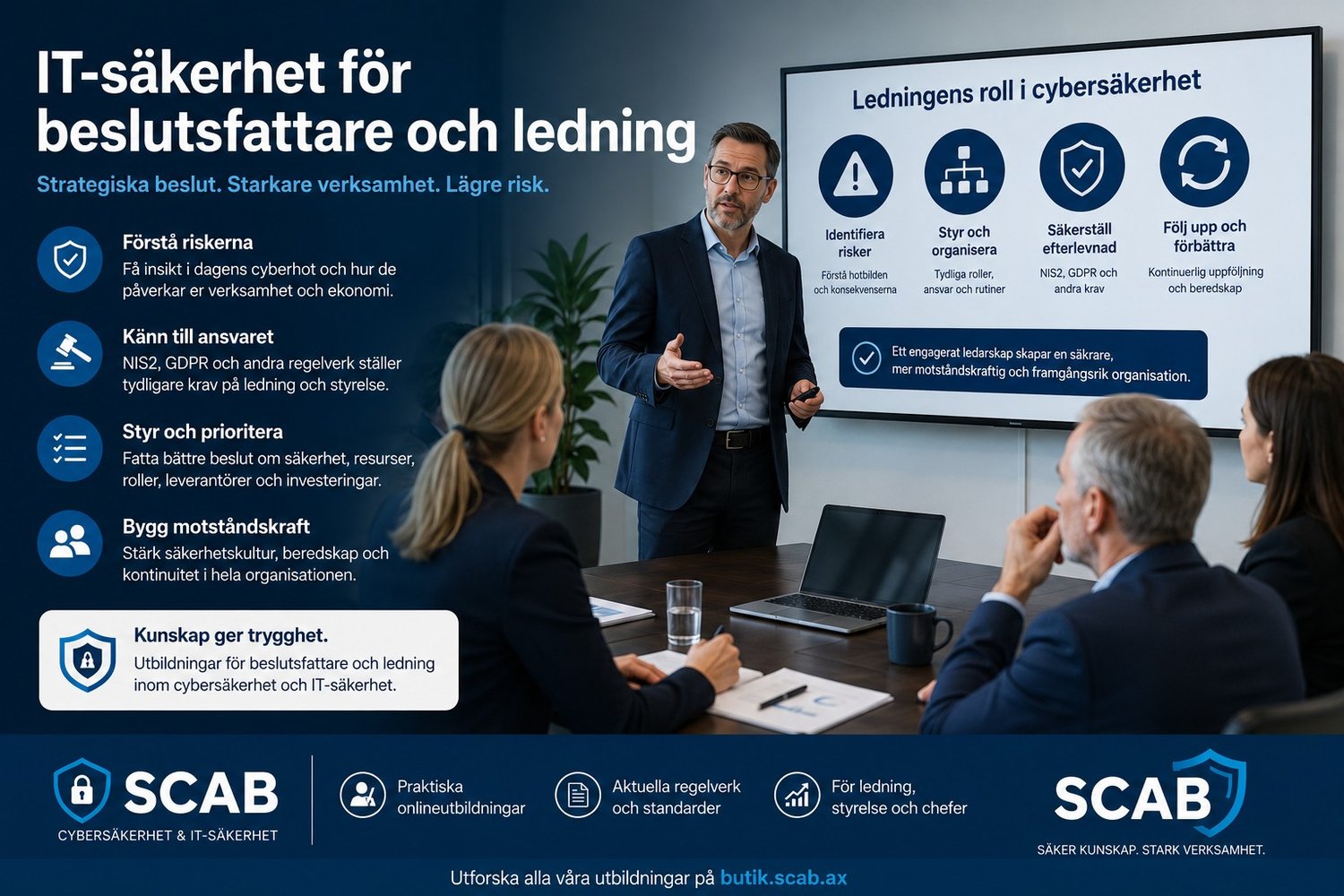 SCAB utbildning i IT-säkerhet för beslutsfattare som visar cybersäkerhet, riskhantering, compliance och säkerhetsstyrning för ledning och styrelse.