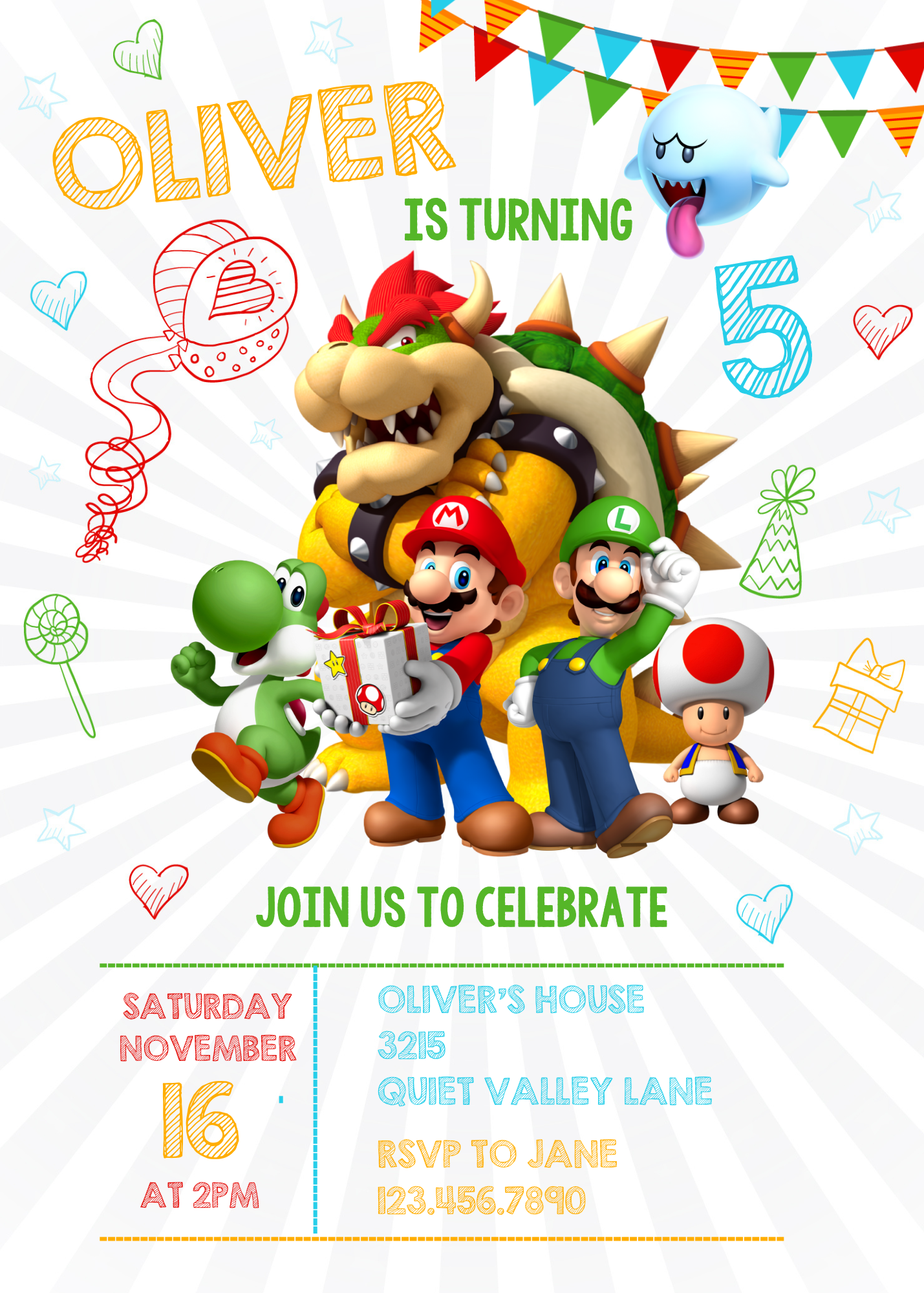 Editable Super Mario Bros themed birthday invitation card template. High-quality digital download product showcasing popular video game characters with colorful birthday doodles like balloons, hearts, and stars. Features clear placeholder text areas for n