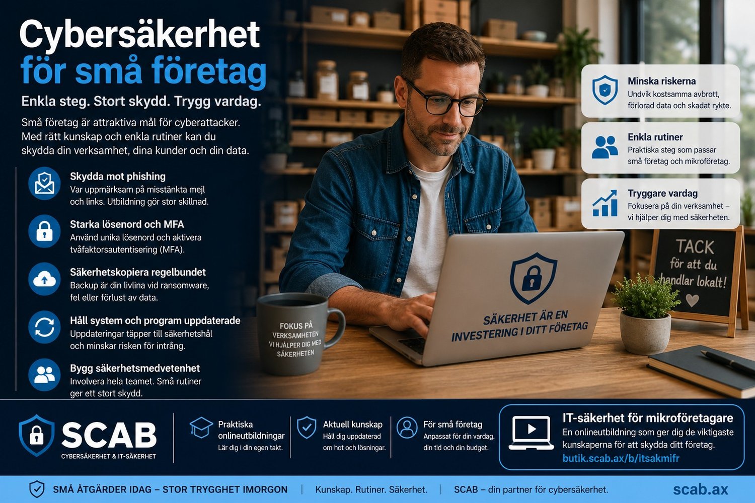 SCAB utbildning om cybersäkerhet för små företag som visar phishingskydd, MFA, backup, säkerhetsrutiner och praktisk IT-säkerhet för mikroföretag.