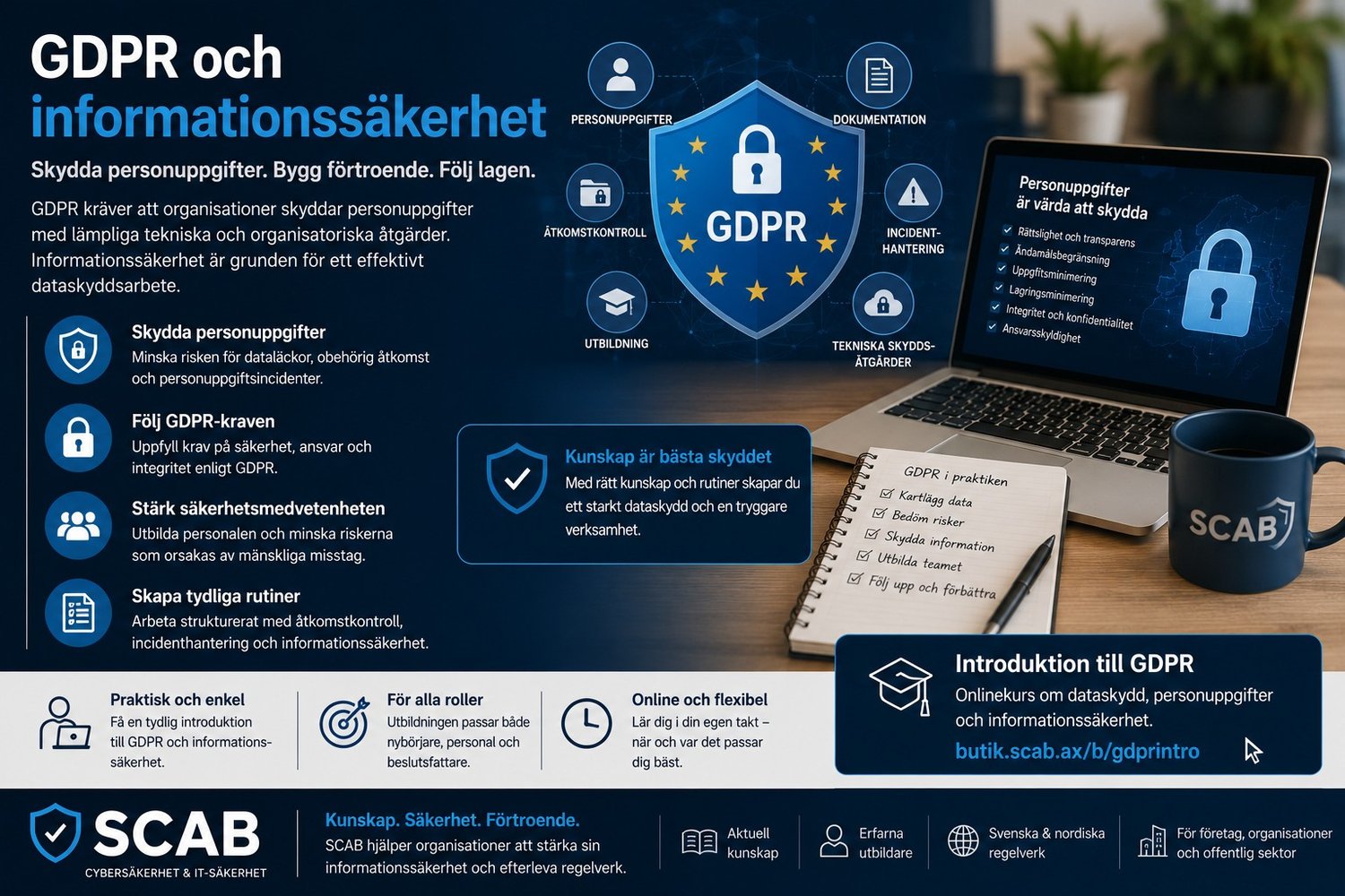 SCAB utbildning om GDPR som visar dataskydd, personuppgifter, incidenthantering, åtkomstkontroll och säker informationshantering för organisationer.