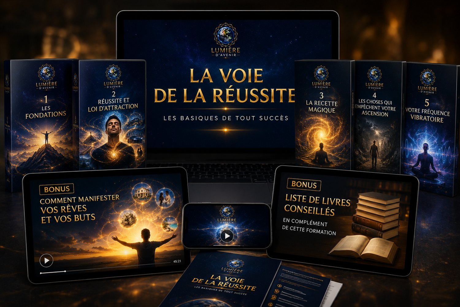 Mockup bundle de formation numérique Lumière d’Avenir présentant les modules vidéo La Voie de la Réussite, les bonus exclusifs sur la manifestation des rêves et une sélection de livres de développement personnel et spiritualité, dans un univers bleu indig