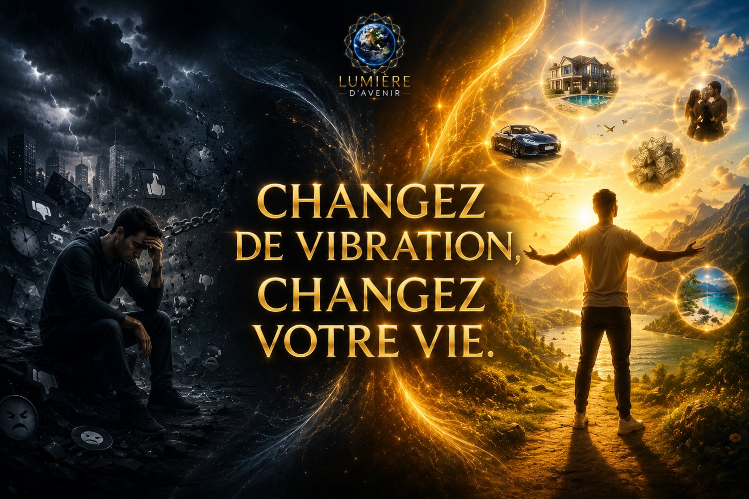 Illustration avant/après représentant une transformation vibratoire : côté gauche sombre avec stress et chaos émotionnel, côté droit lumineux avec énergie positive, sérénité, abondance et réussite, symbolisant le changement intérieur et l’élévation de con