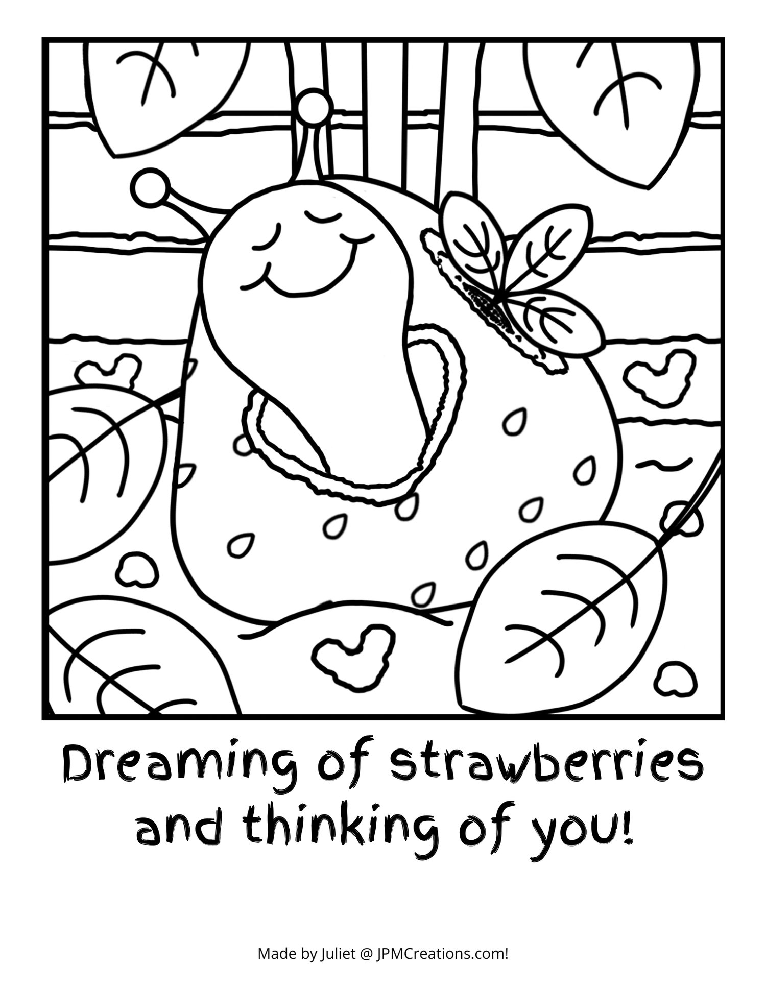 Cute Snail Dreaming Of Strawberries Summer Coloring Page (Letter Size With Text)