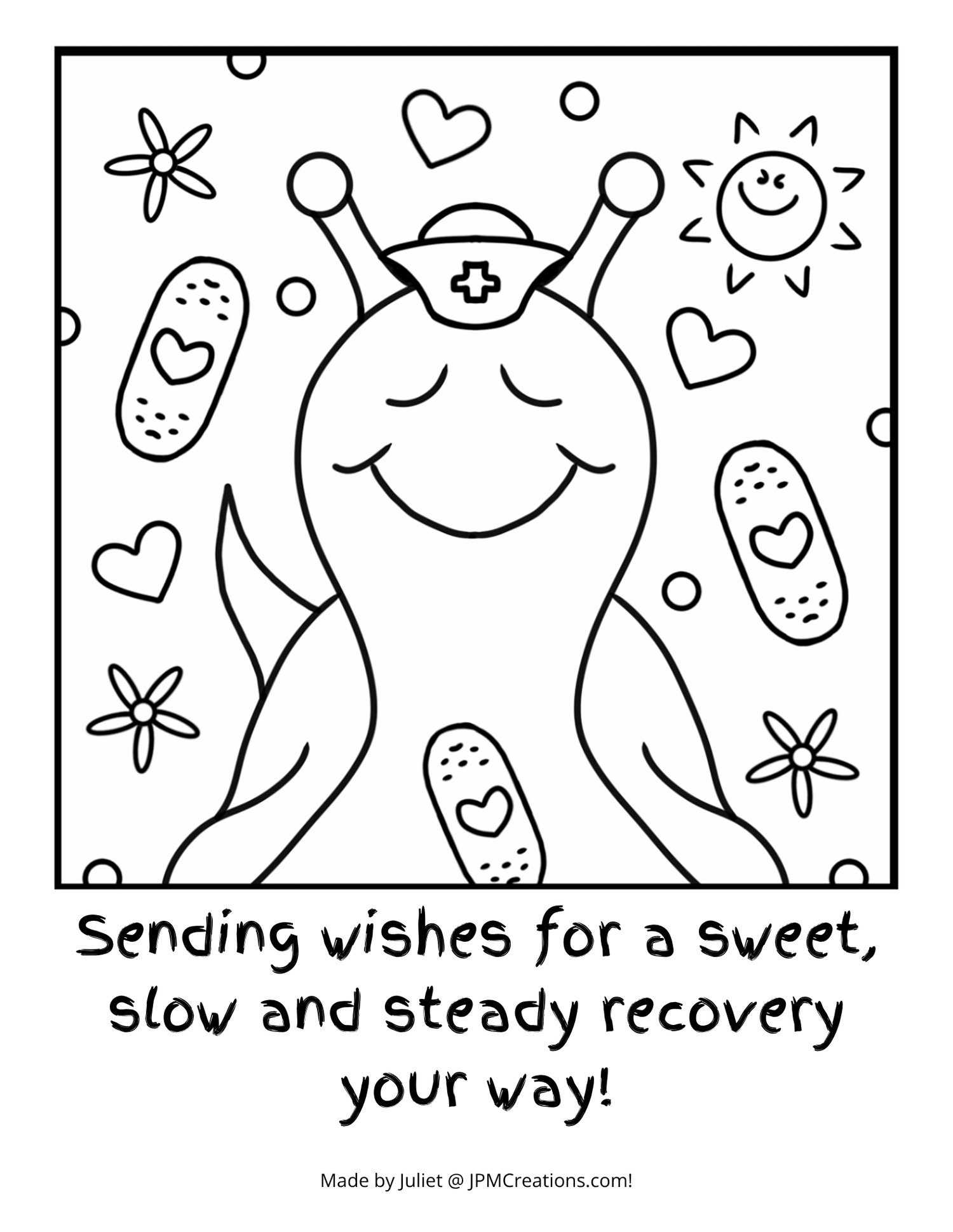 Cute Snail Sweet Slow Steady Recovery Get Well Soon Coloring Page (Letter Size With Text)