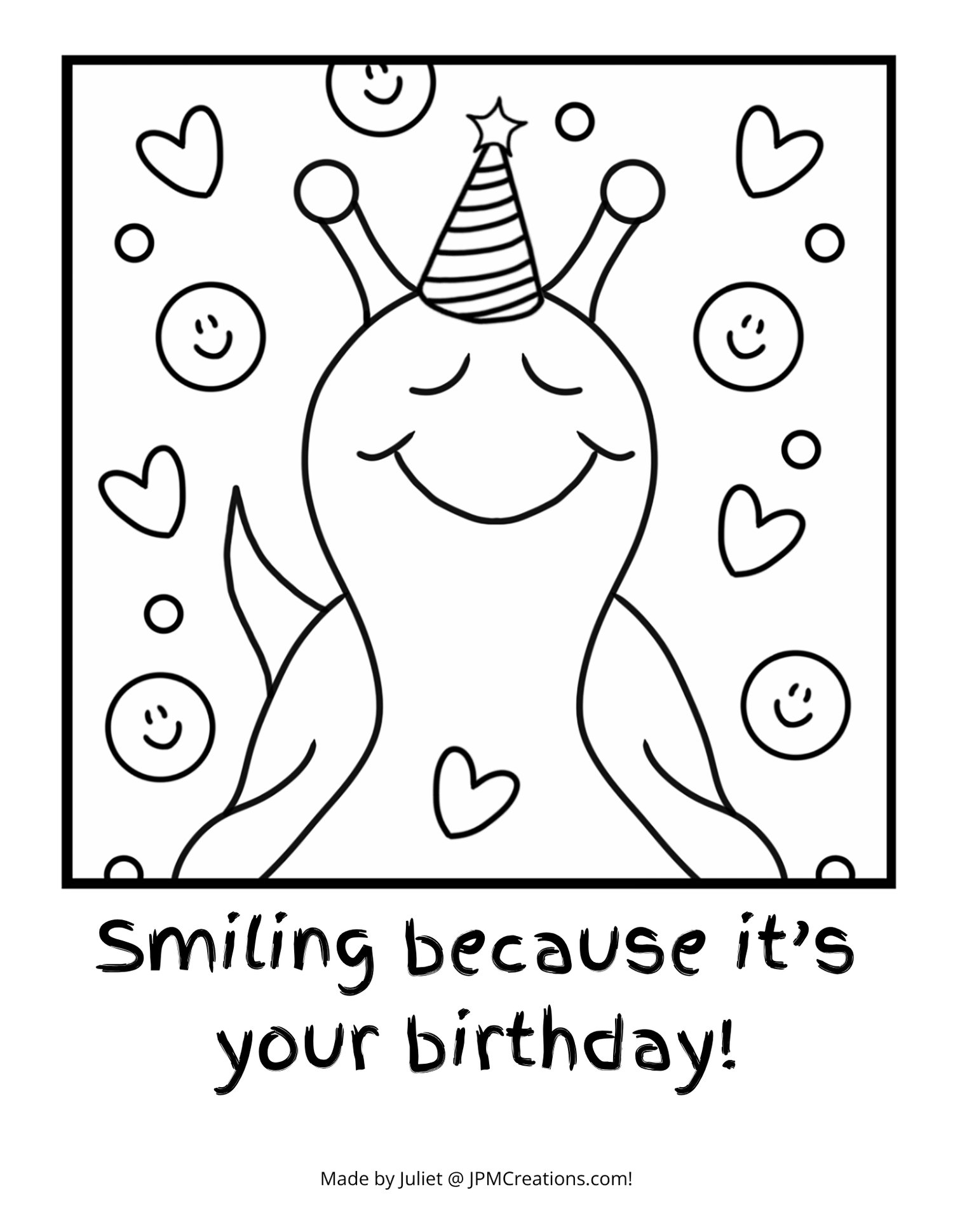 Cute Snail Smiling Because It’s Your Birthday Coloring Page (Letter Size With Text)