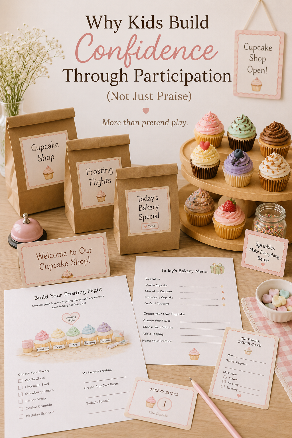 Soft pastel bakery-themed blog graphic featuring pretend cupcake shop materials, bakery signs, cupcake displays, activity pages, and bakery roleplay elements arranged on a wooden table with the text “Why Kids Build Confidence Through Participation.”