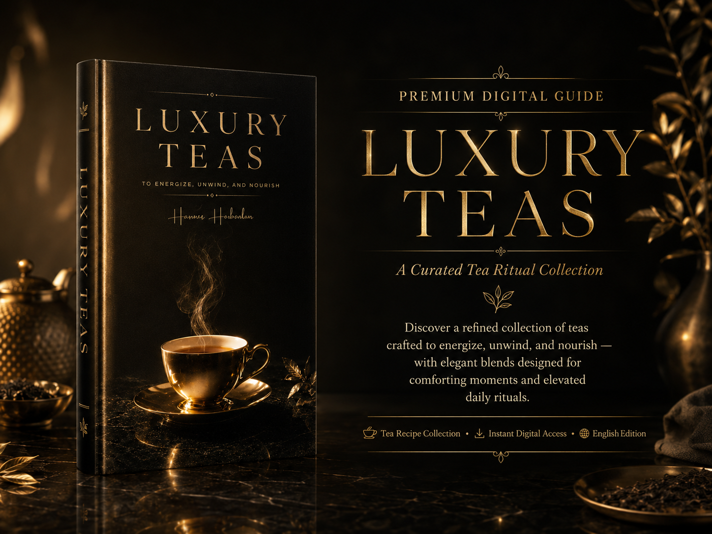 Luxury Teas premium digital tea recipe collection with elegant golden teacup and black luxury design