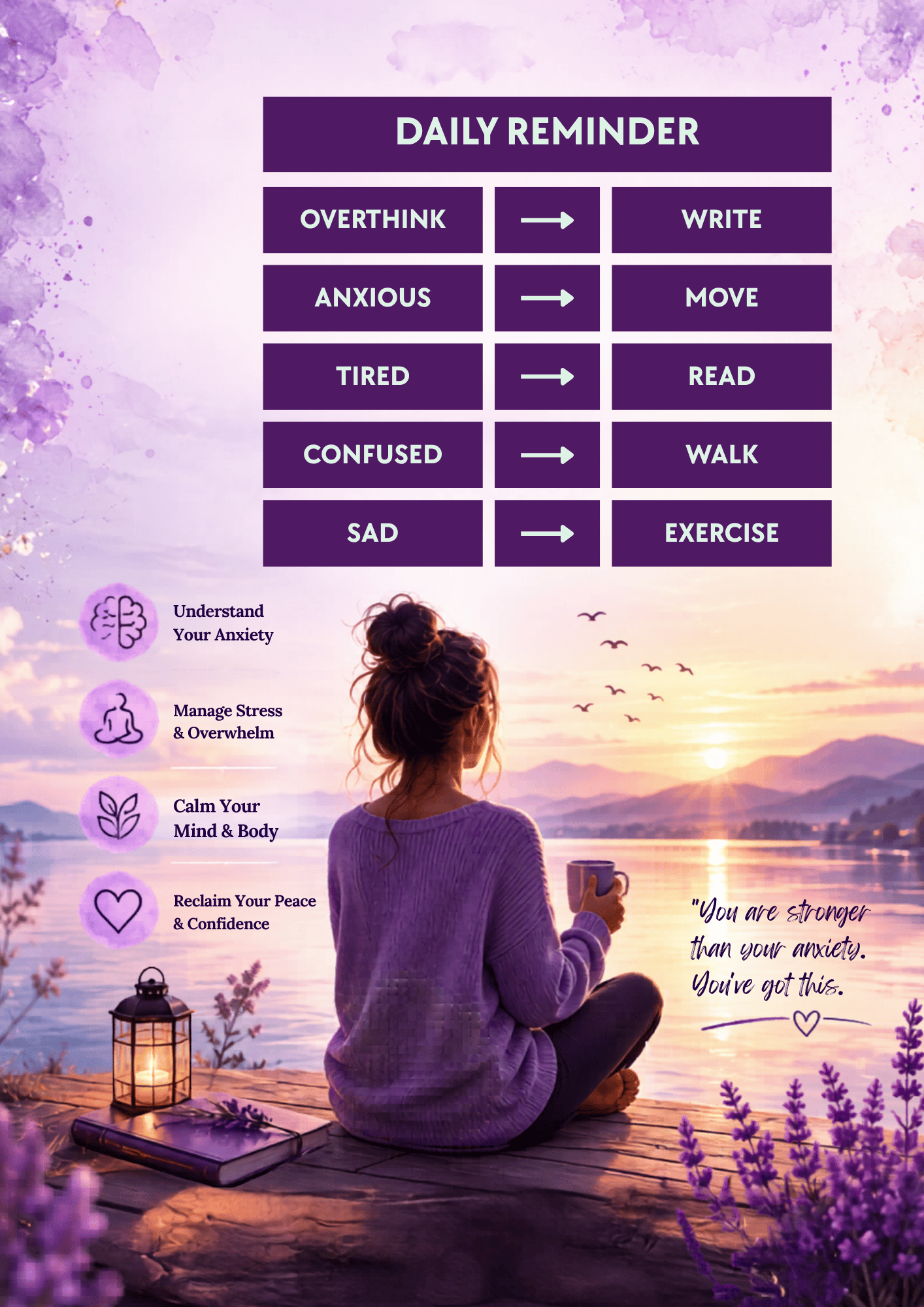 Understanding anxiety reflection pages, Breathing & calming exercises, CBT-inspired thought record pages, Trigger awareness journal, Coping toolkit & affirmations, Instant PDF download, workbook