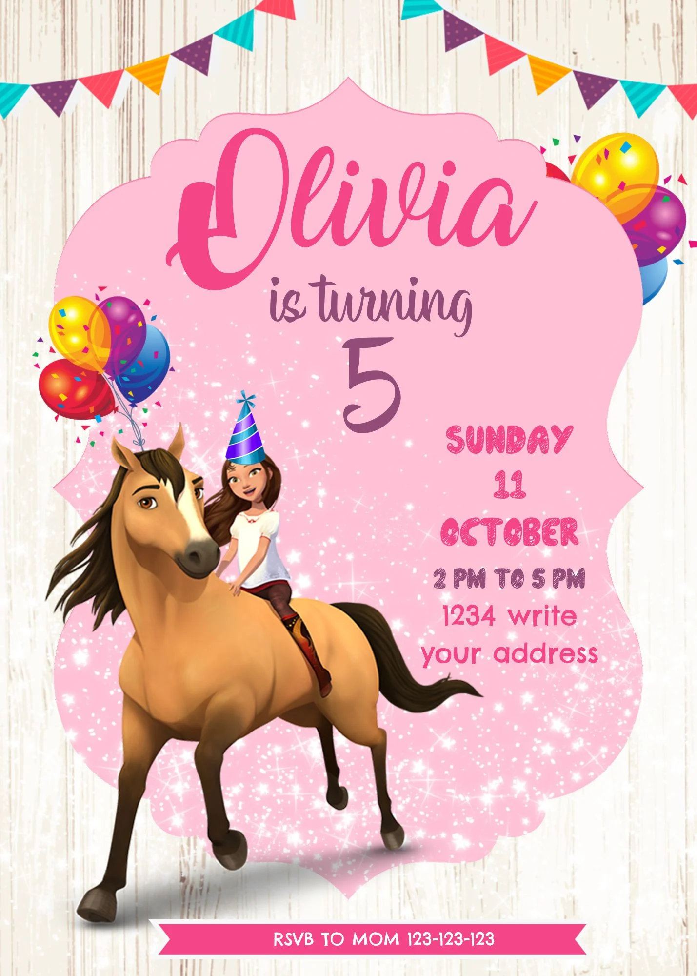Editable Spirit Riding Free themed birthday invitation card graphic template. High-quality digital download product showcasing a cartoon girl and horse on a rustic wood background with pink glitter accents. Features clear placeholder text areas for name, 
