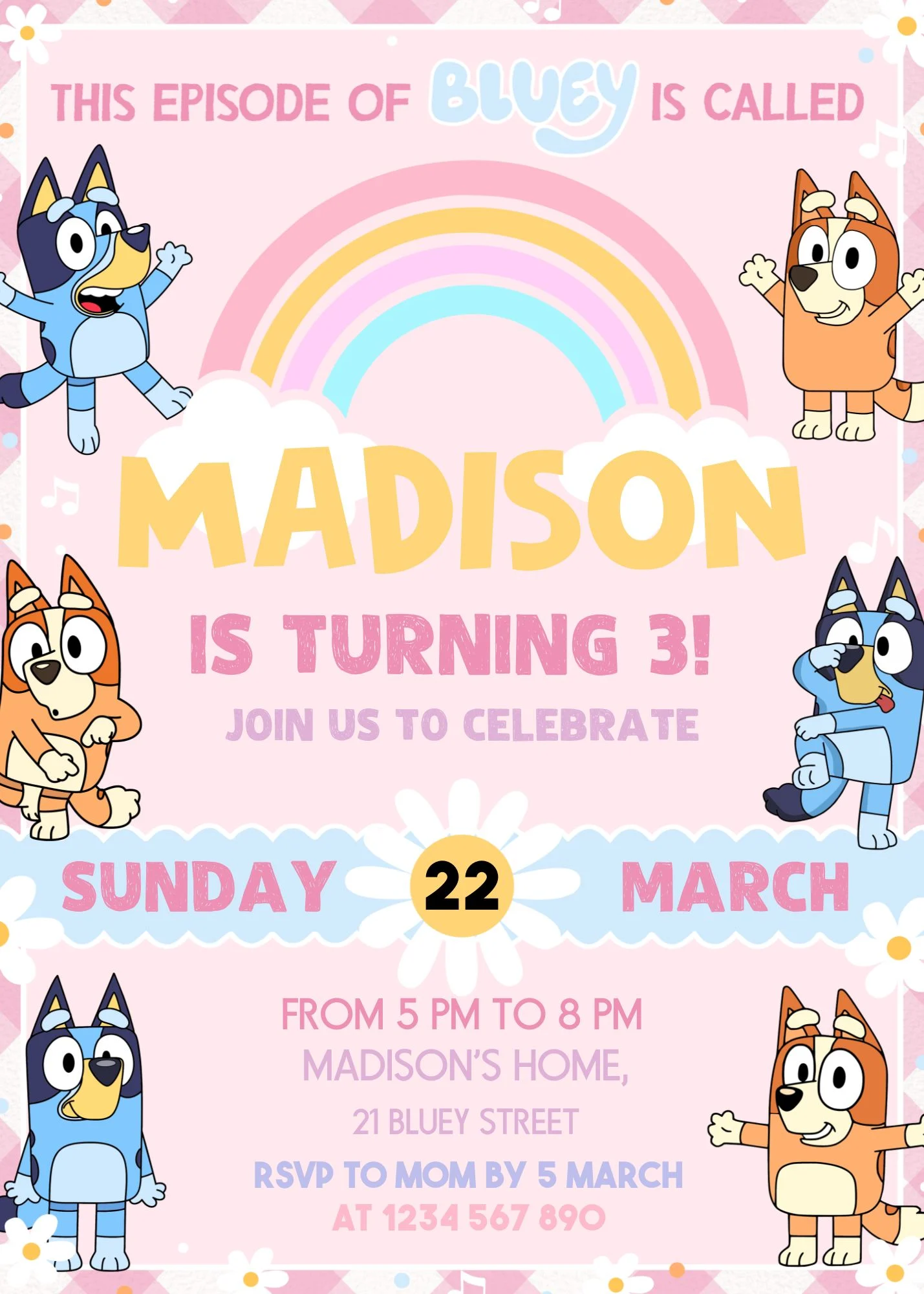 Editable Bluey themed birthday invitation card graphic template. High-quality digital download product showcasing the Heeler family with a daisy and rainbow background. Features clear customizable text fields for a toddler girl's 3rd birthday party name, 