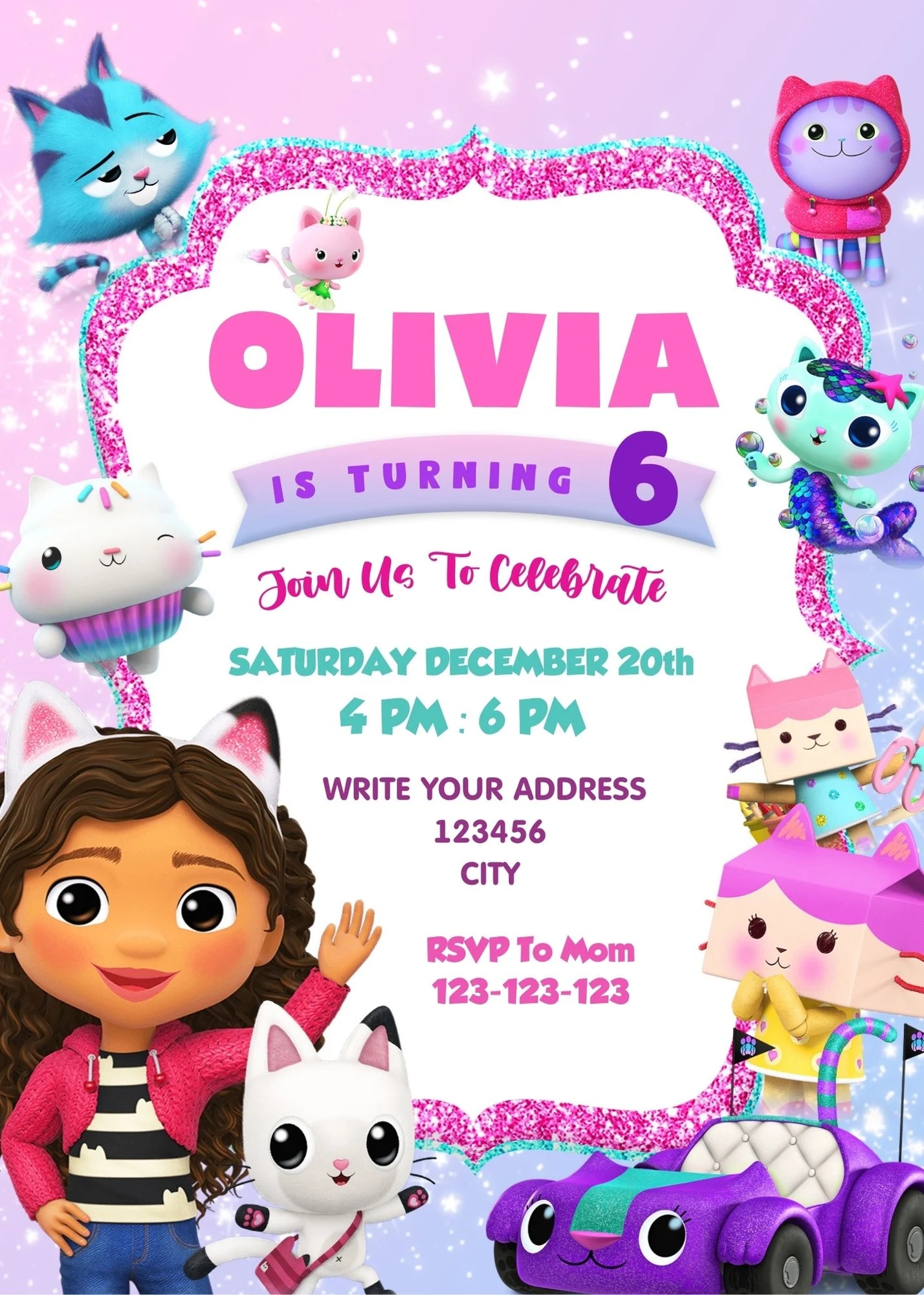 Editable Gabby's Dollhouse themed birthday invitation card graphic template. High-quality digital download product showcasing popular cat characters and a purple car on a bright pastel background. Features clear customizable text fields for a girl's 6th b