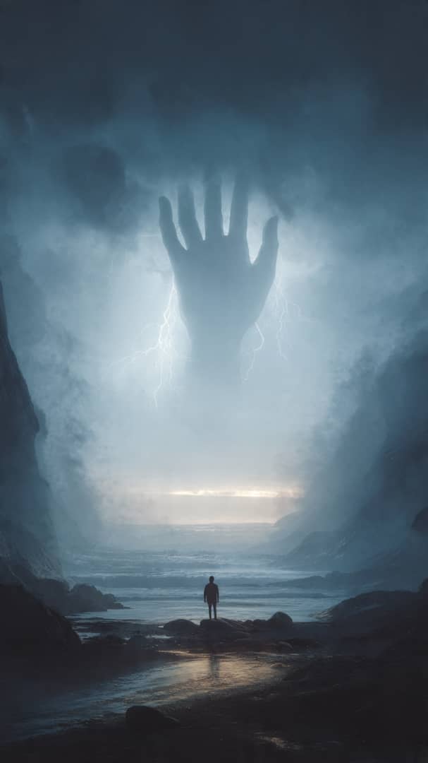 This symbolic artwork shows a person standing safely on a rocky path as a glowing hand shields them from a storm on one side while guiding them toward a calm sunrise on the other. It visually represents God’s protection, peace, and guidance during difficu