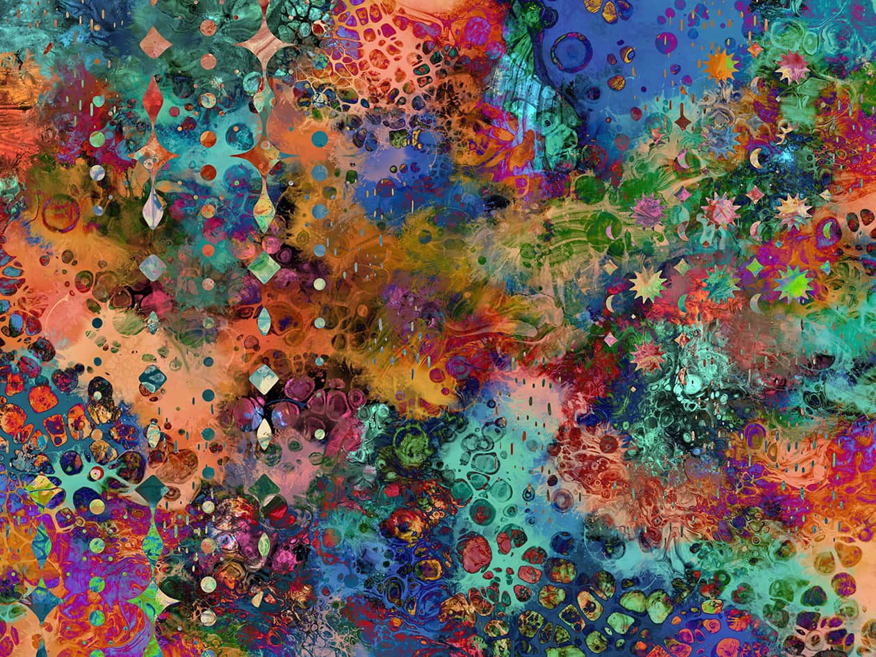 Bright psychedelic digital acrylic pour created in Procreate, with paint cells and layered patterns of stripes, stars, and dots