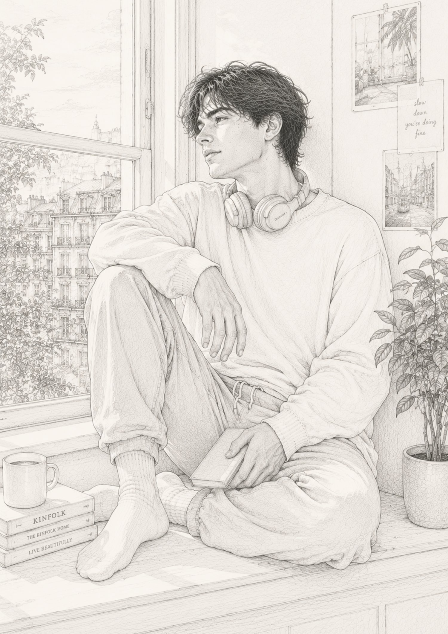 Aesthetic Men grayscale coloring page - man sitting on windowsill with plant, line art