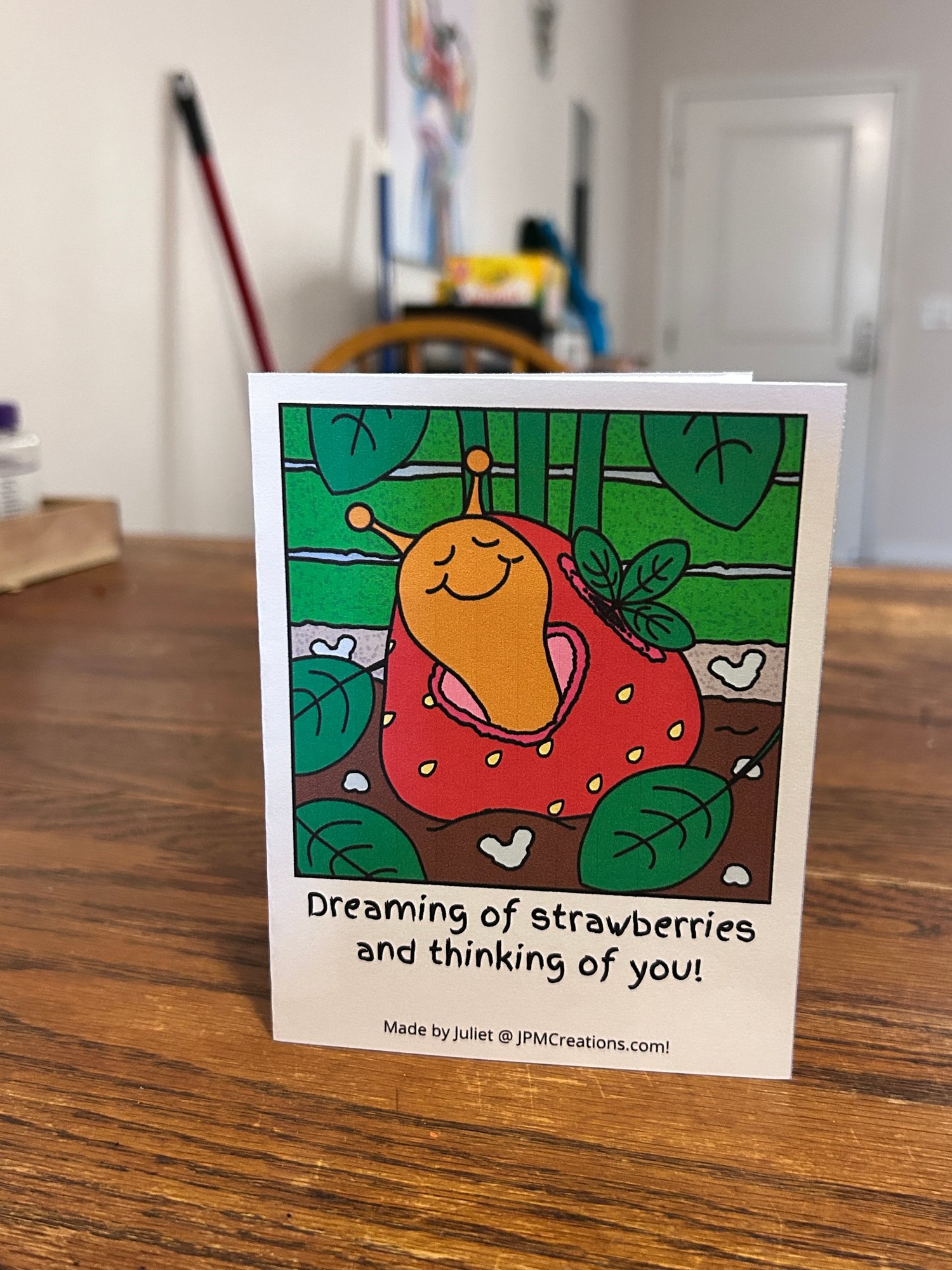 Cute Snail Dreaming Of Strawberries And Thinking Of You Summer Coloring Tent Postcard (Front)