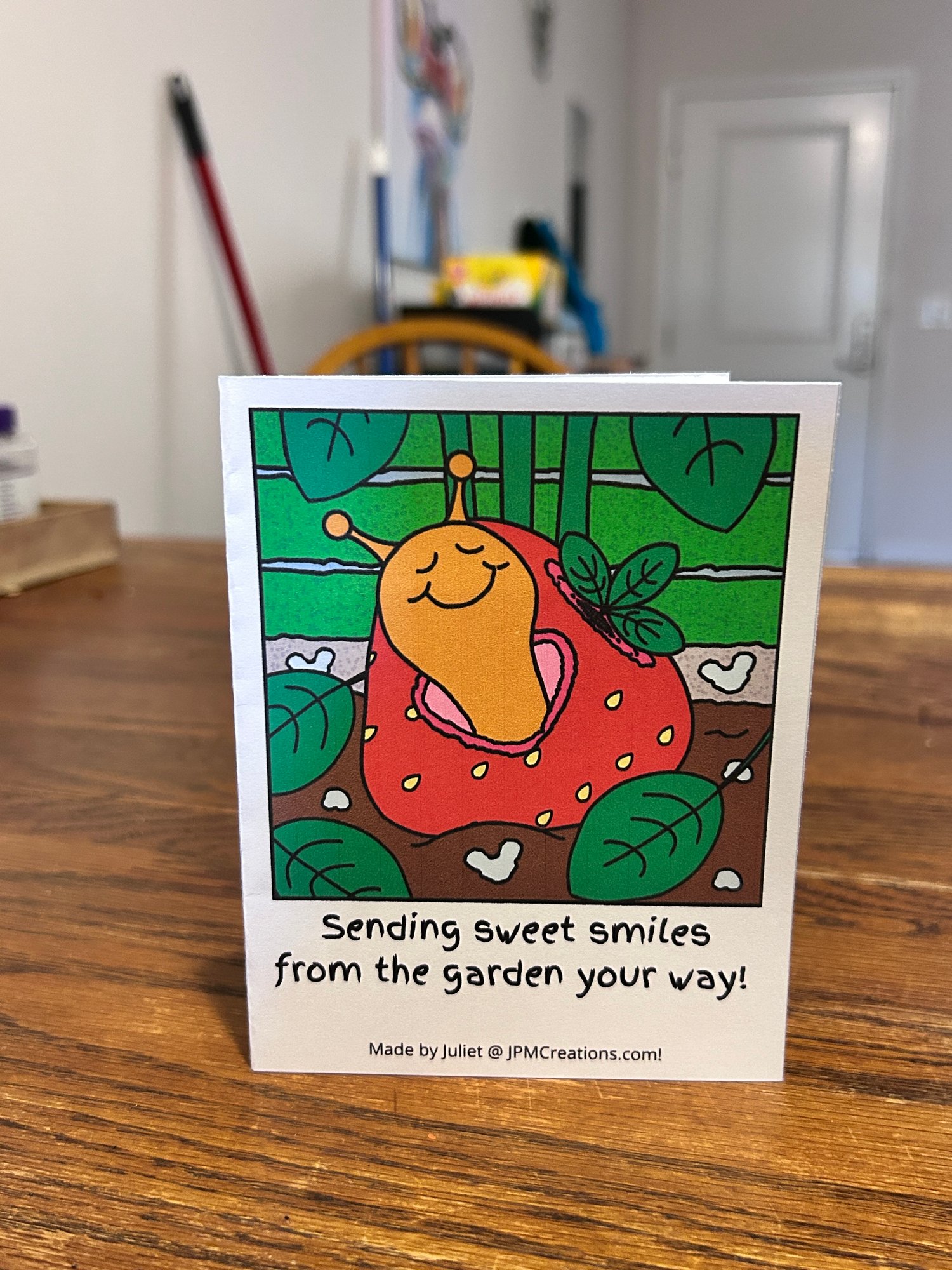 Cute Snail Sending Strawberry Smiles From The Garden Your Way Summer Coloring Tent Postcard (front