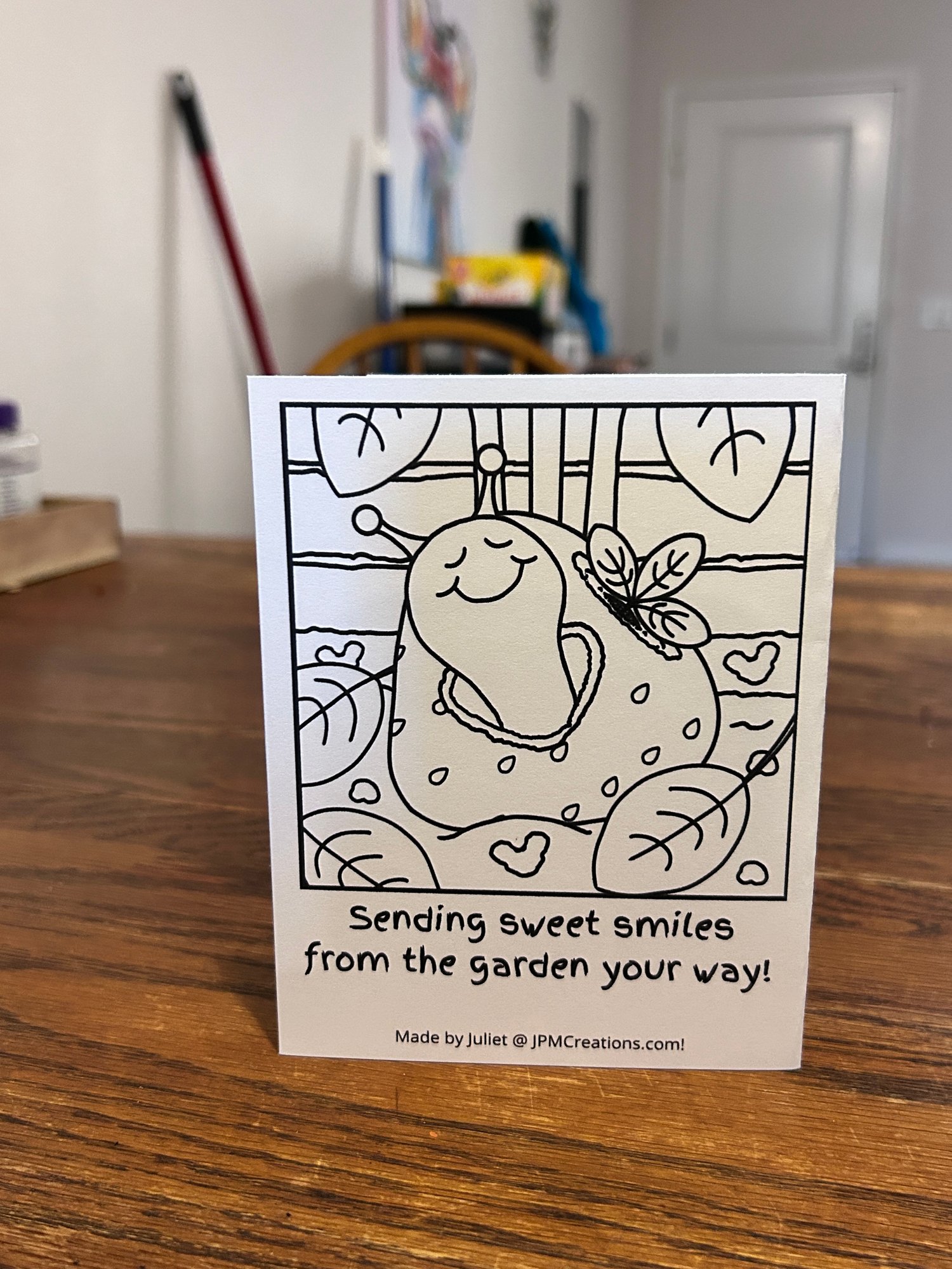 Cute Snail Sending Strawberry Smiles From The Garden Your Way Summer Coloring Tent Postcard (back)