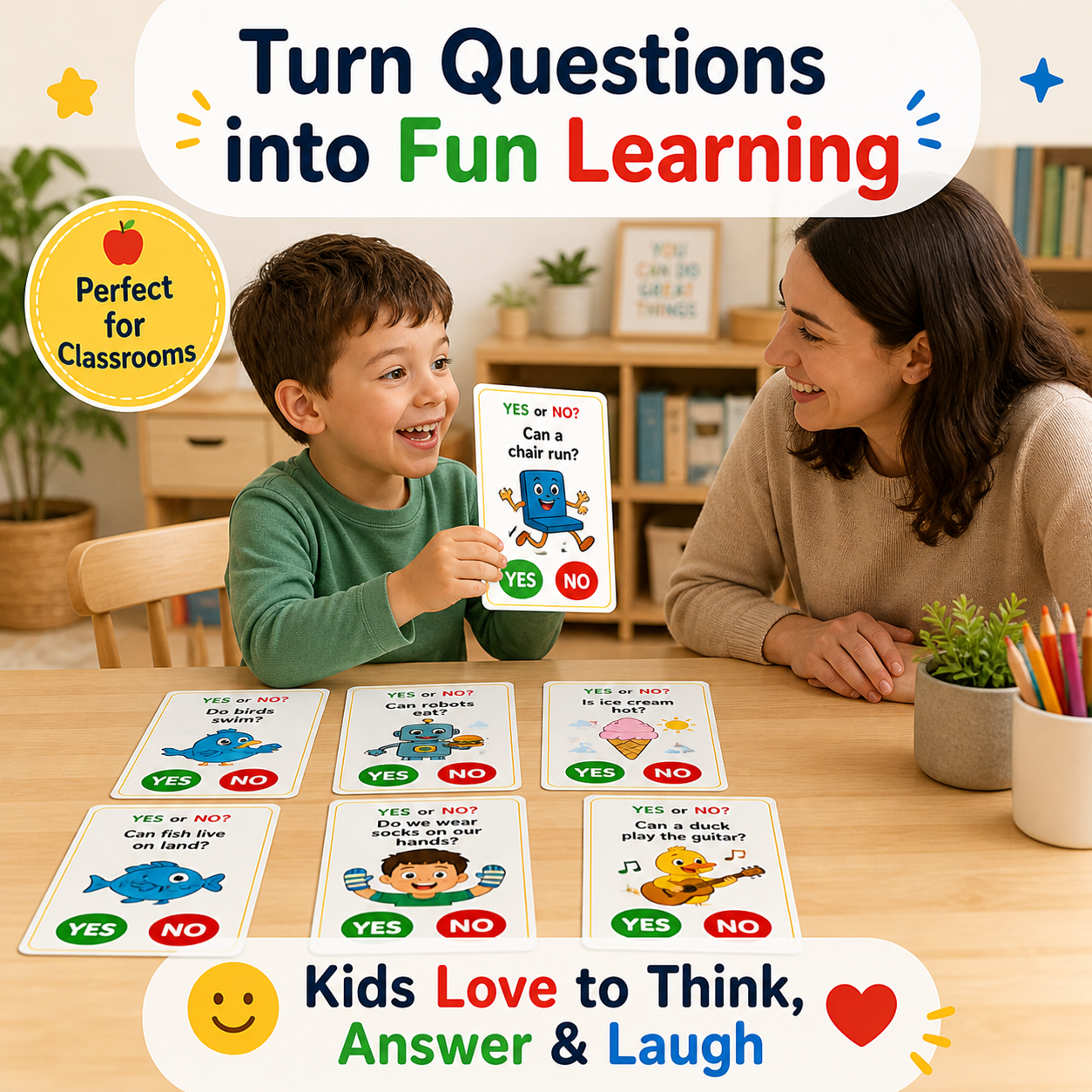 50 YES or NO Flashcards for Kids (Ages 5+) | Fun Thinking Questions for Classroom Activities | Printable PNG + A4 PDF Pack