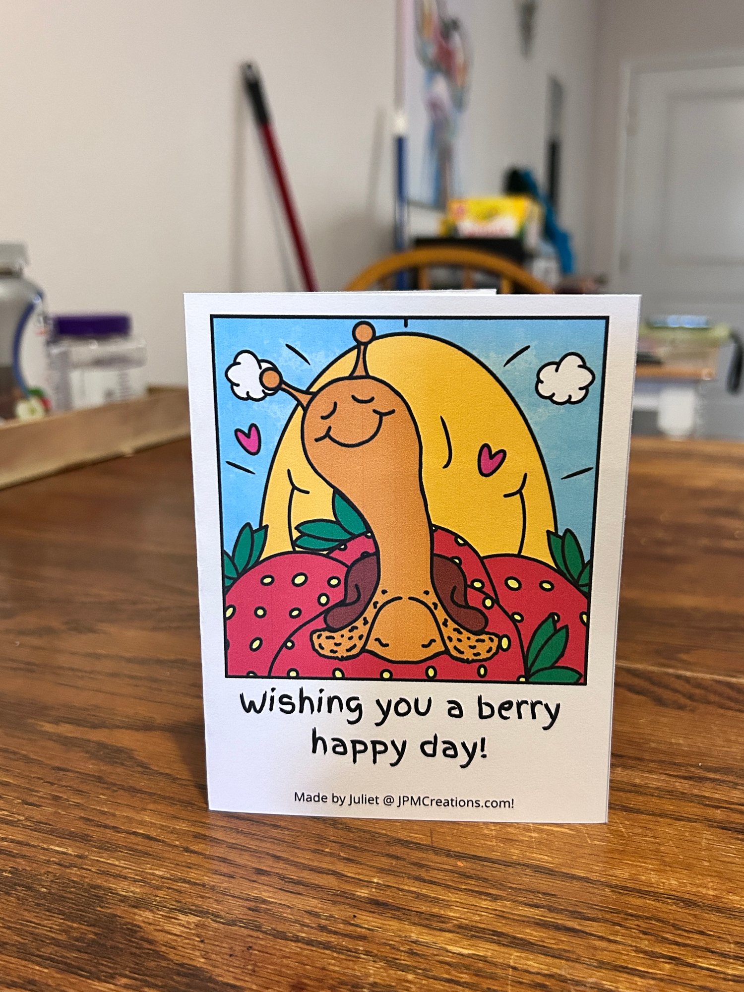 Cute Snail Sending Strawberries Berry Happy Day Summer Coloring Tent Postcard (front