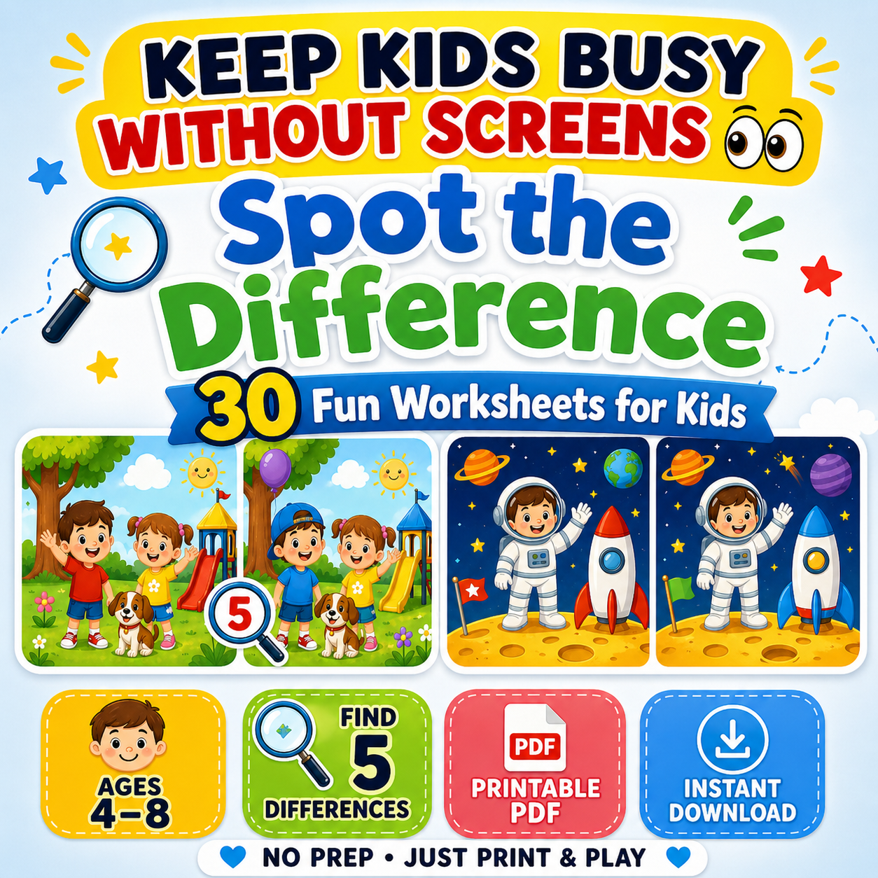 30 Fun Spot the Difference Worksheets for Kids (Ages 4–8) | Printable Activity Pack | Brain Games & Focus Skills