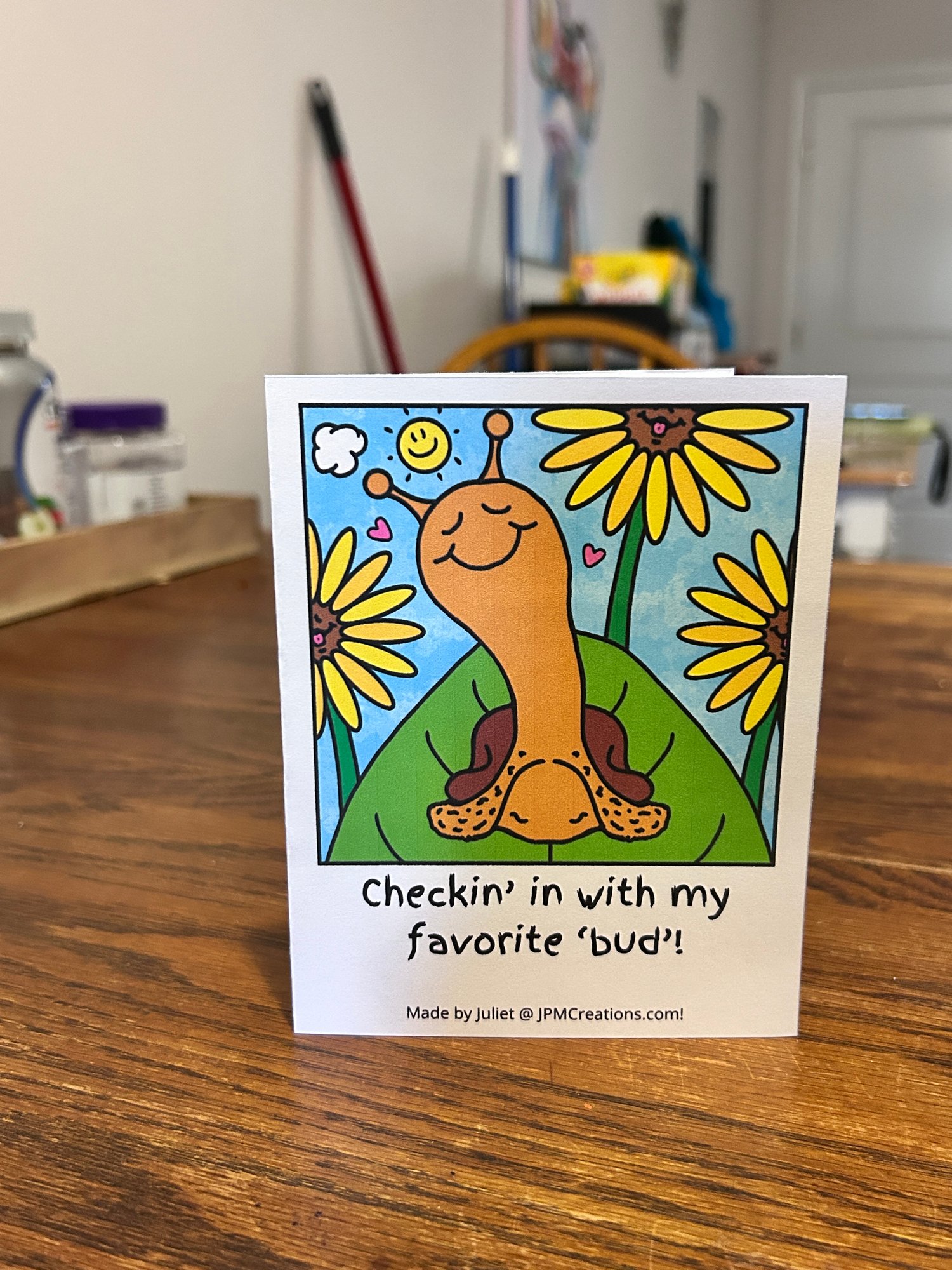 Cute Snail Checkin’ In With My Favorite Bud Summer Sunflower Coloring Tent Postcard (front