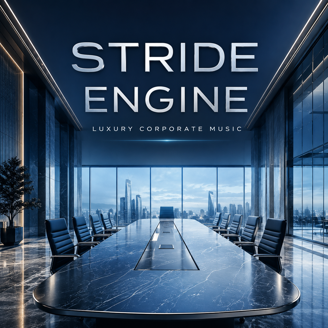 Stride Engine luxury corporate music cover showing a premium executive boardroom with navy, silver, and ice blue tones for brand films and presentations.