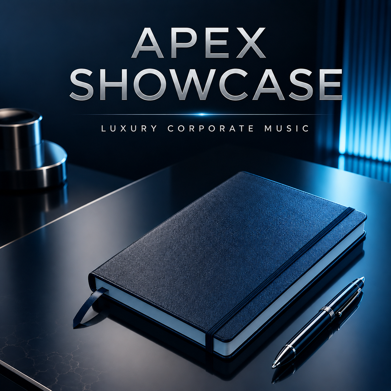 Apex Showcase luxury corporate music cover with executive notebook and pen on a polished premium desk in deep blue, soft white, and cyan tones.