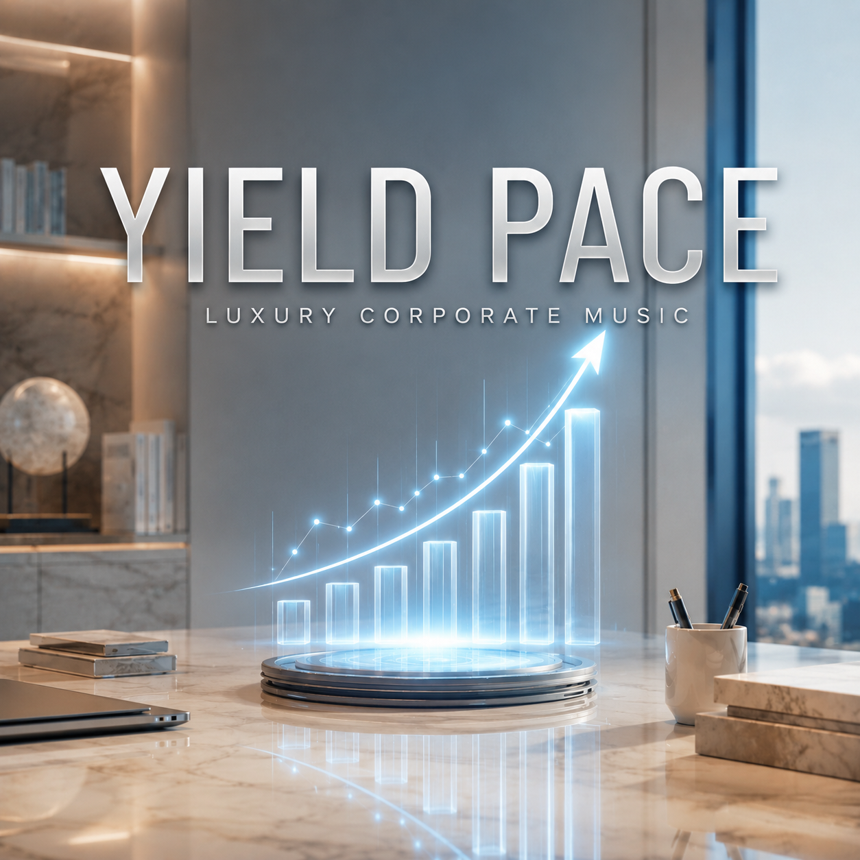 Yield Pace luxury corporate music cover featuring a glowing digital growth chart hologram above a polished executive workspace in sand, white, and soft blue tones.