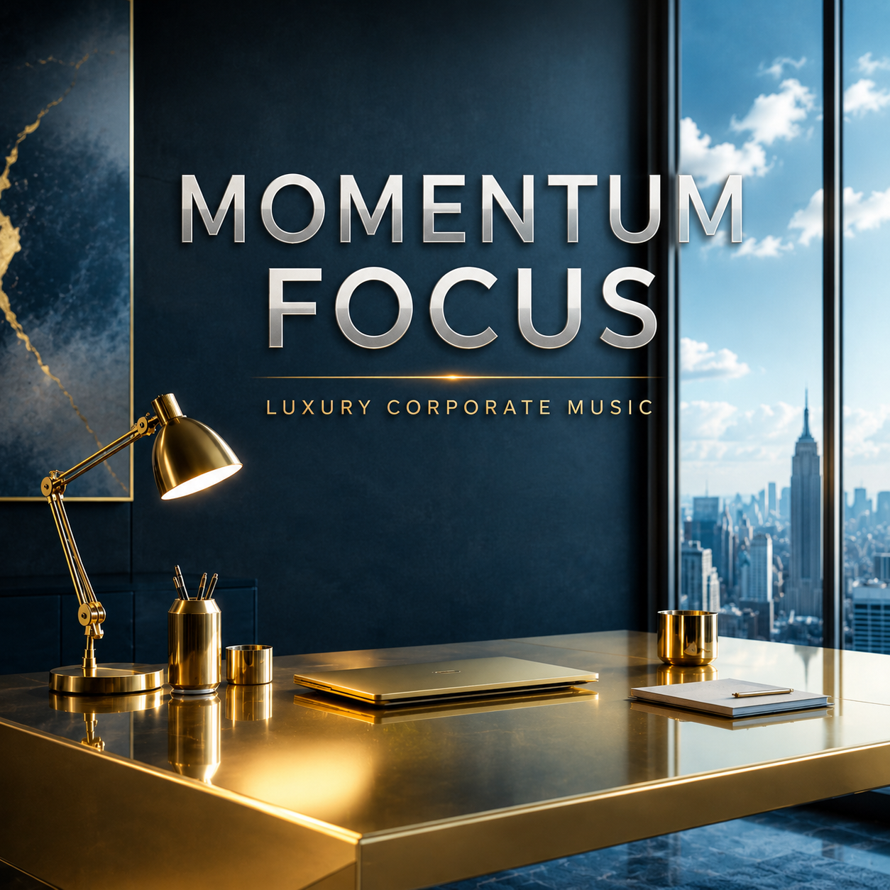 Momentum Focus luxury corporate music cover featuring a golden startup desk in a polished executive workspace with slate, cyan, and cloud-white lighting.
