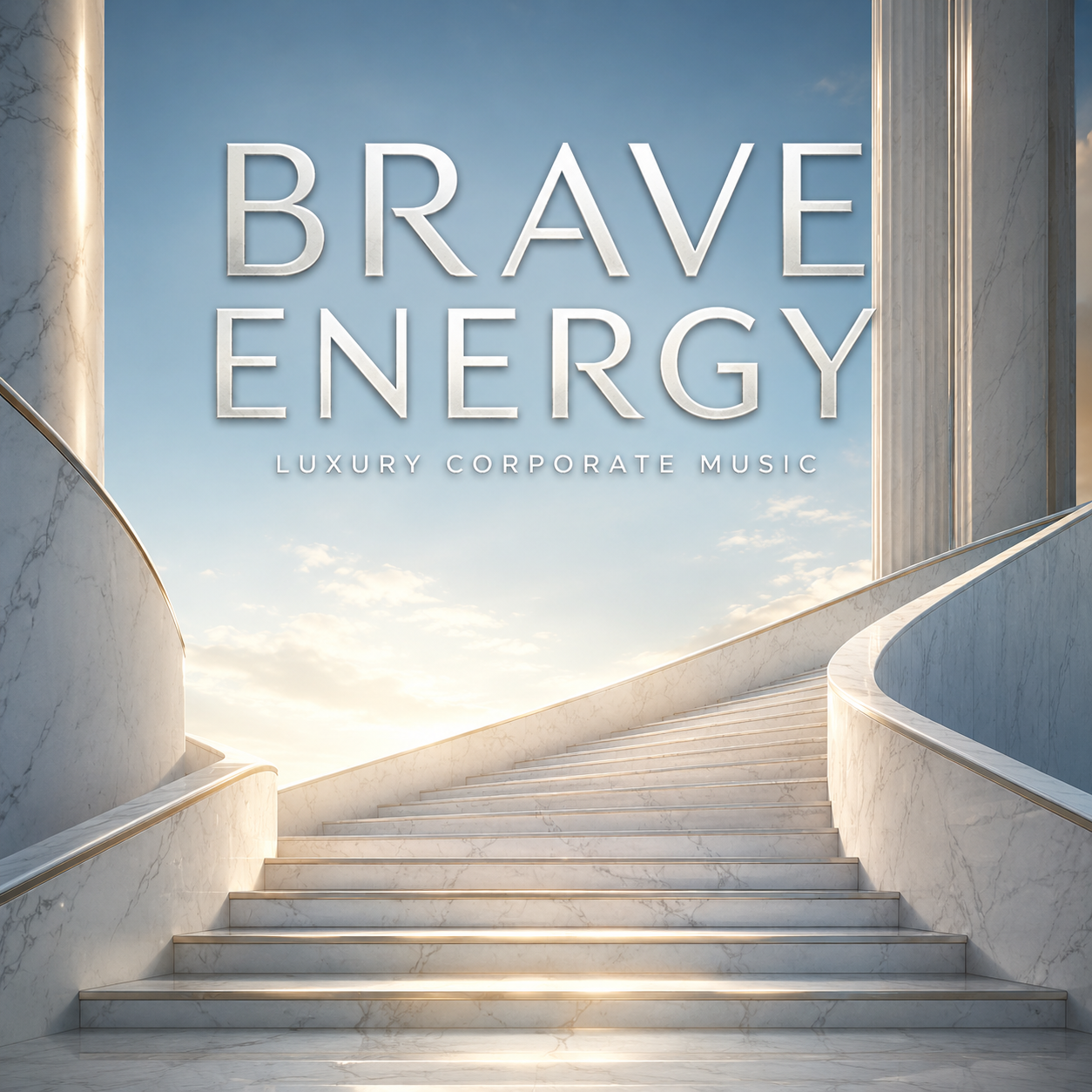 Brave Energy luxury corporate music cover featuring a minimal marble staircase in soft cinematic morning light with sand, white, and soft blue tones.