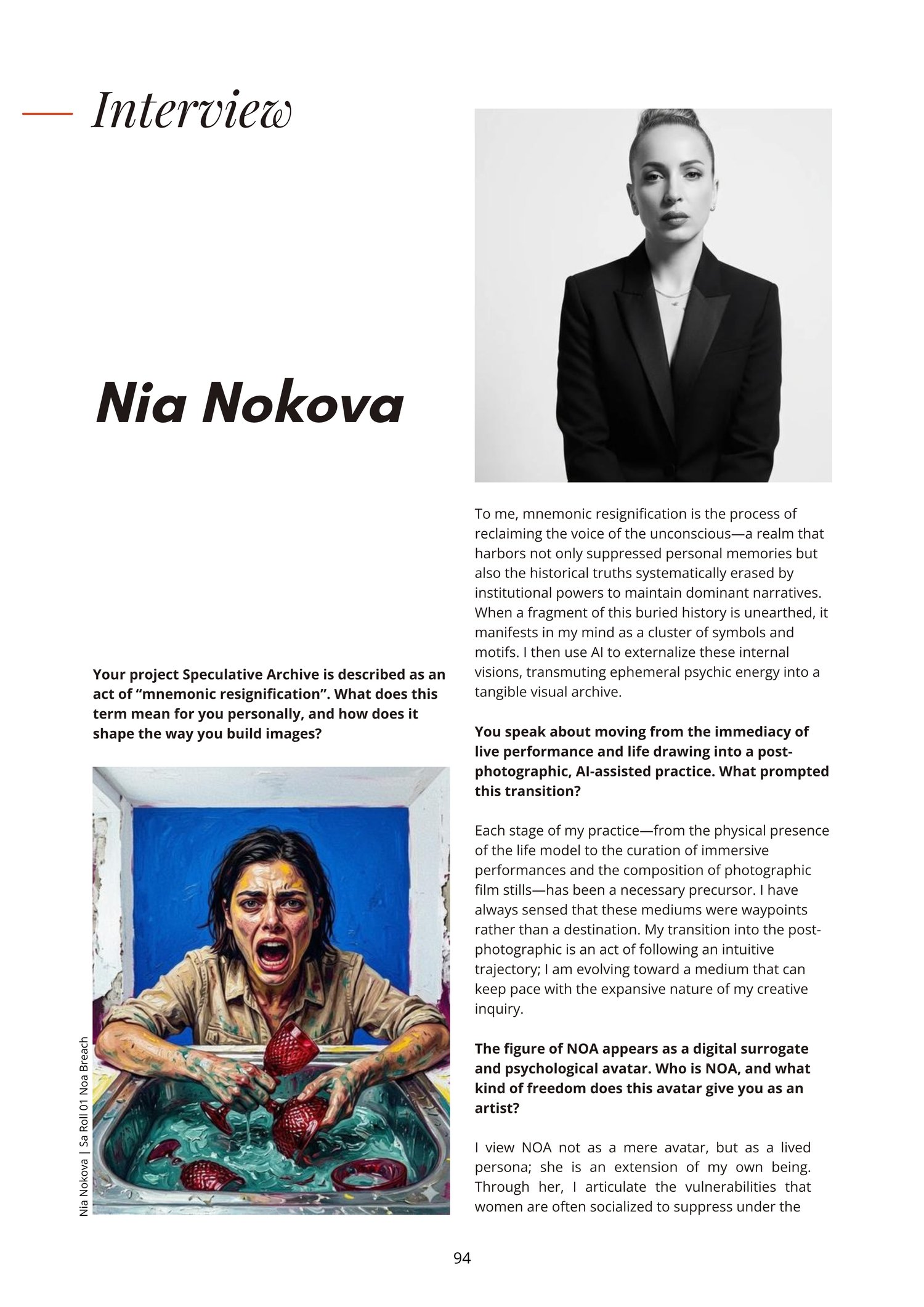 A clean, minimalist contemporary art magazine layout design for page 94 of Visual Art Journal, featuring an exclusive artist interview with Nia Nokova. The top right displays a sharp, high-contrast black and white portrait photograph of artist Nia Nokova, looking directly at the camera with an unblinking, serious, and authoritative expression while wearing a structured black blazer.