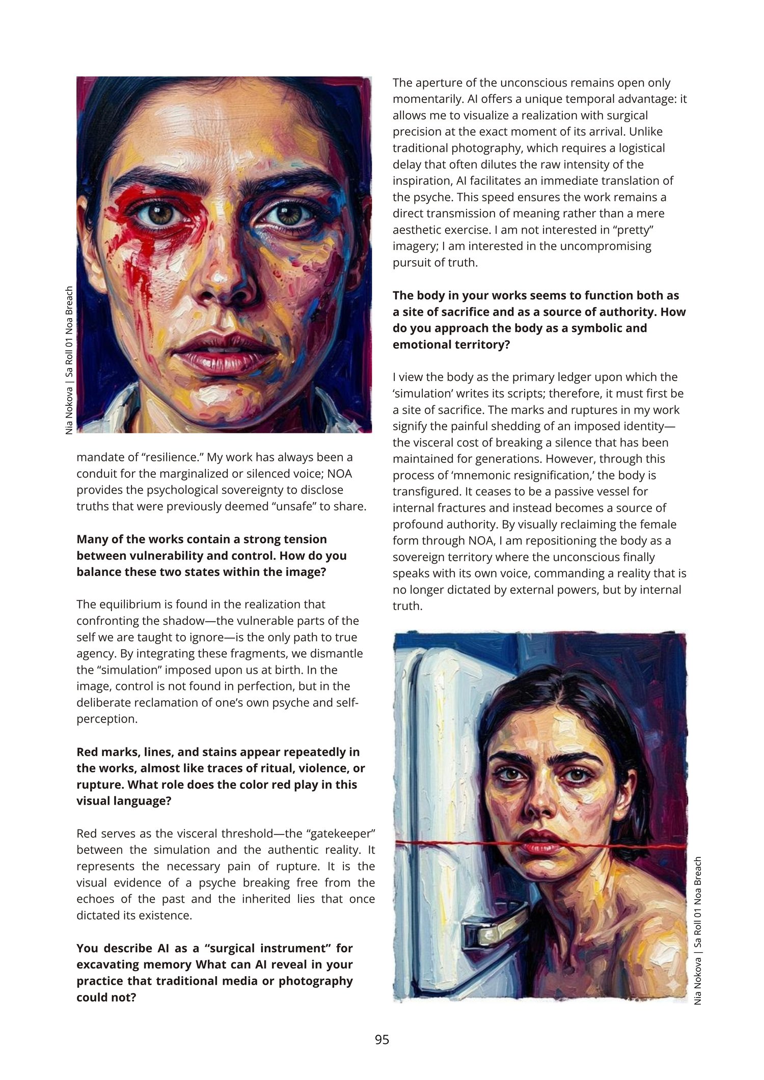 Minimalist contemporary art magazine layout design for page 95 of Visual Art Journal, featuring the continuation of an exclusive interview with artist Nia Nokova and showcasing two vivid, highly expressive oil paintings from her "Sa Roll 01 Noa Breach" series.