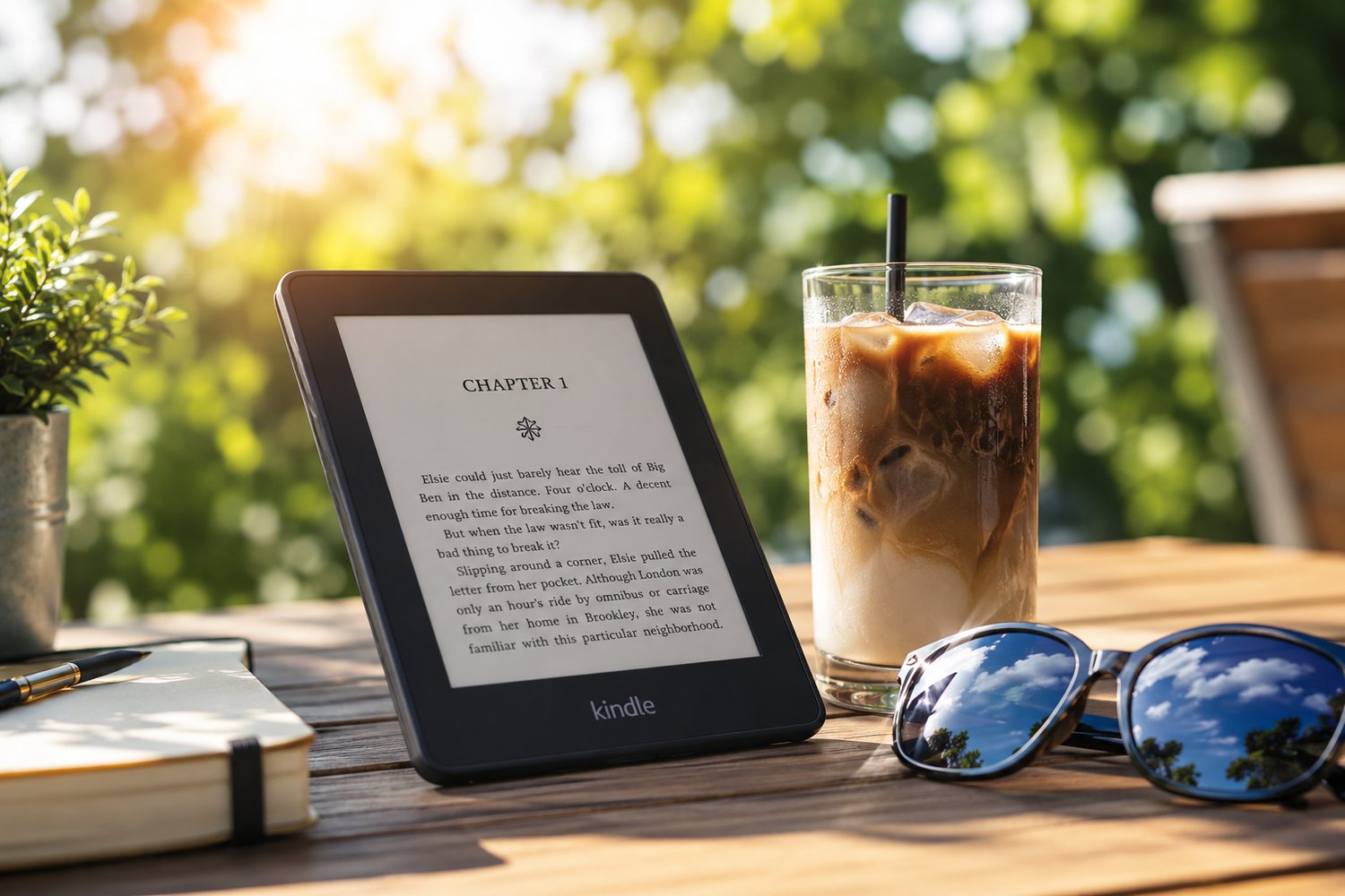 A Kindle e-reader displaying a non-fiction book layout on a sun-drenched wooden patio table next to a glass of iced coffee and sunglasses, representing the ultimate summer 2026 reading list for personal development, financial freedom, digital minimalism, 
