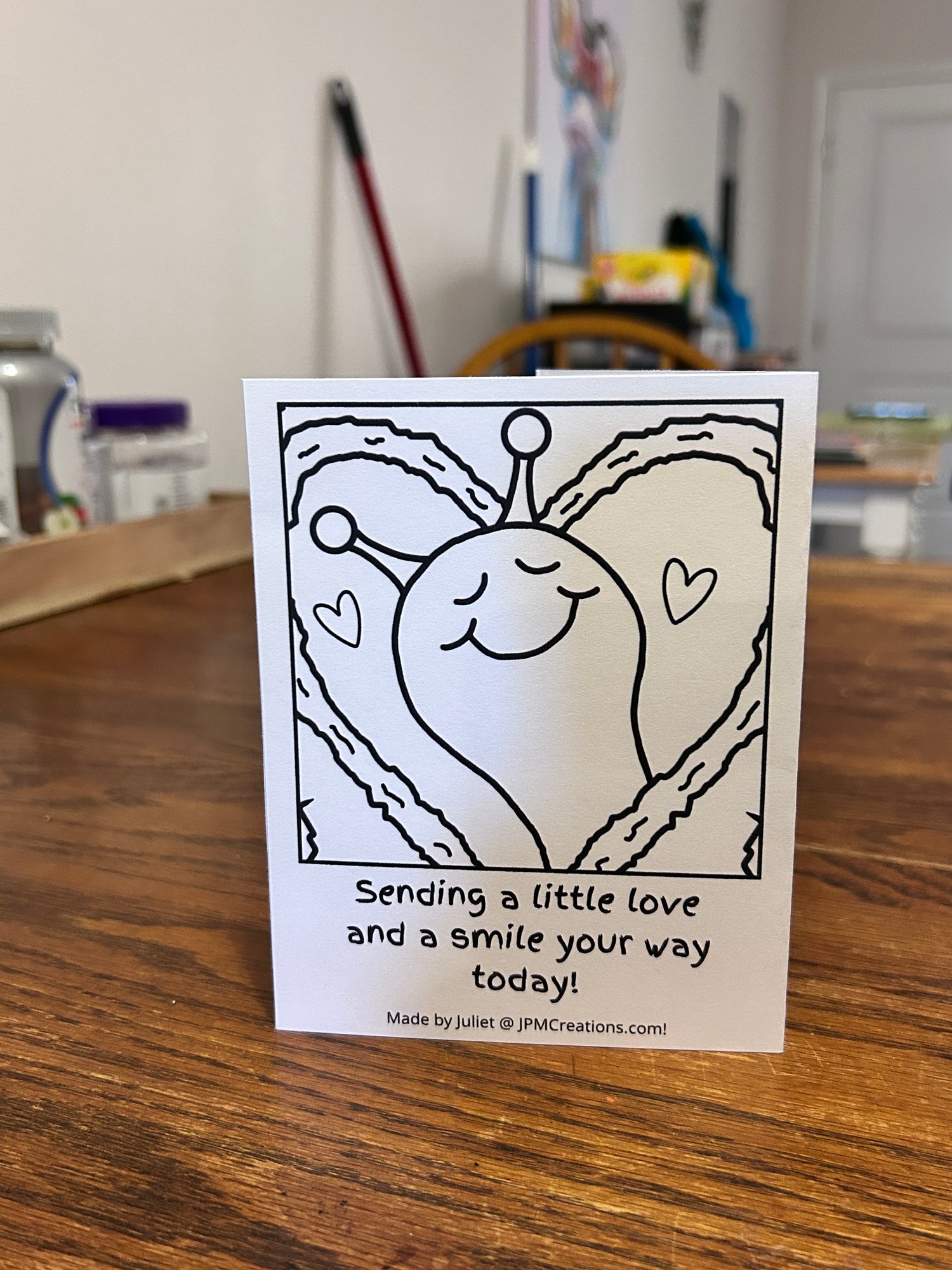 Cute Snail Heart Tree Coloring Tent Postcard (back)