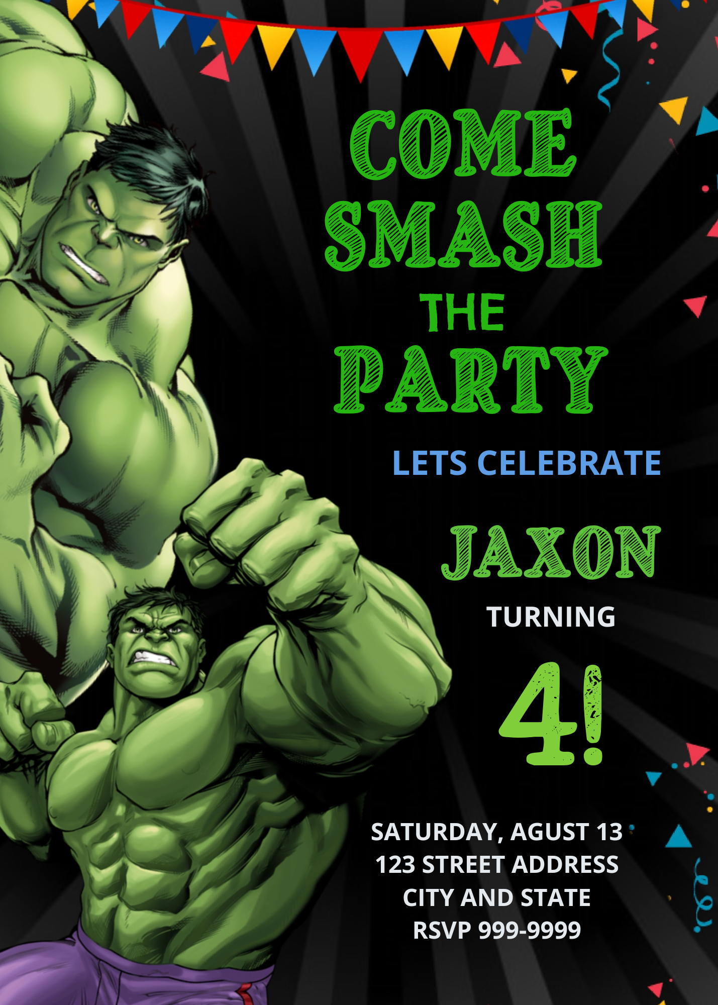 Editable Incredible Hulk themed birthday invitation card graphic template. High-quality digital download product showcasing a strong green superhero on a dark sunburst background. Features clear customizable text fields for a child's 4th birthday party na