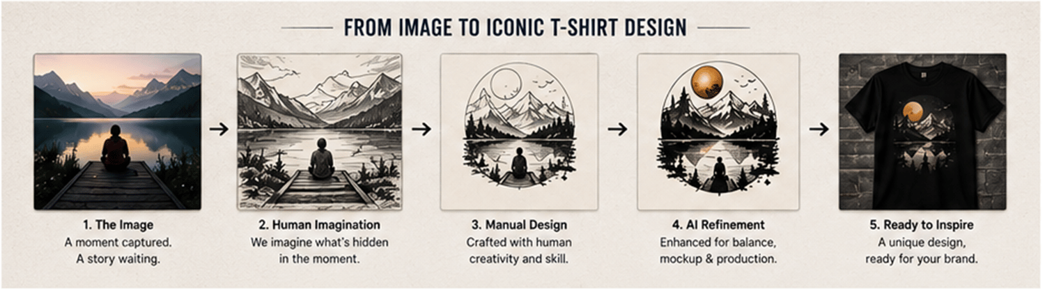 Step-by-step process showing transformation from real-life image into finished T-shirt design artwork.