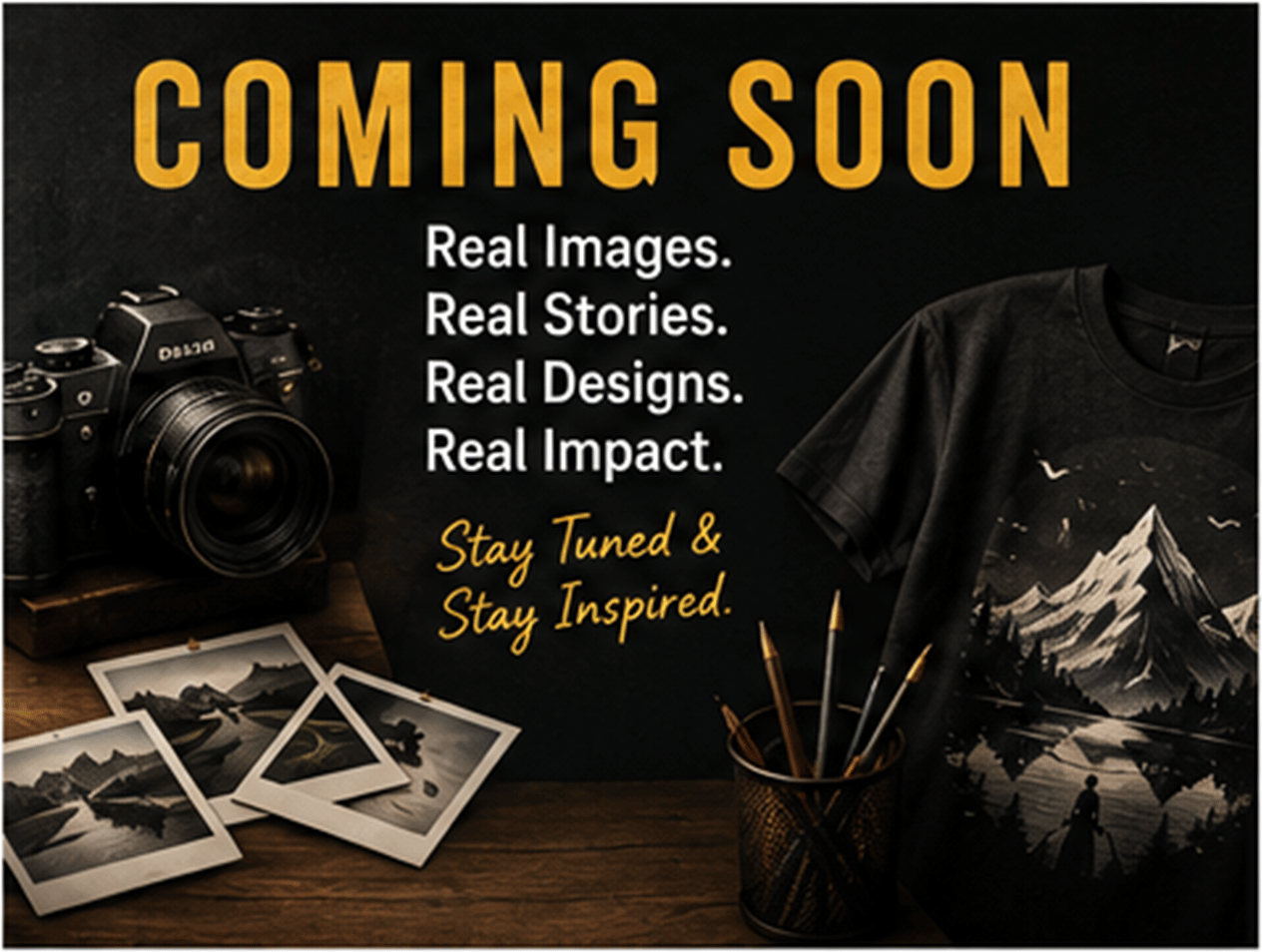 Dark cinematic coming soon poster featuring camera, creative workspace, and artistic T-shirt mockup.