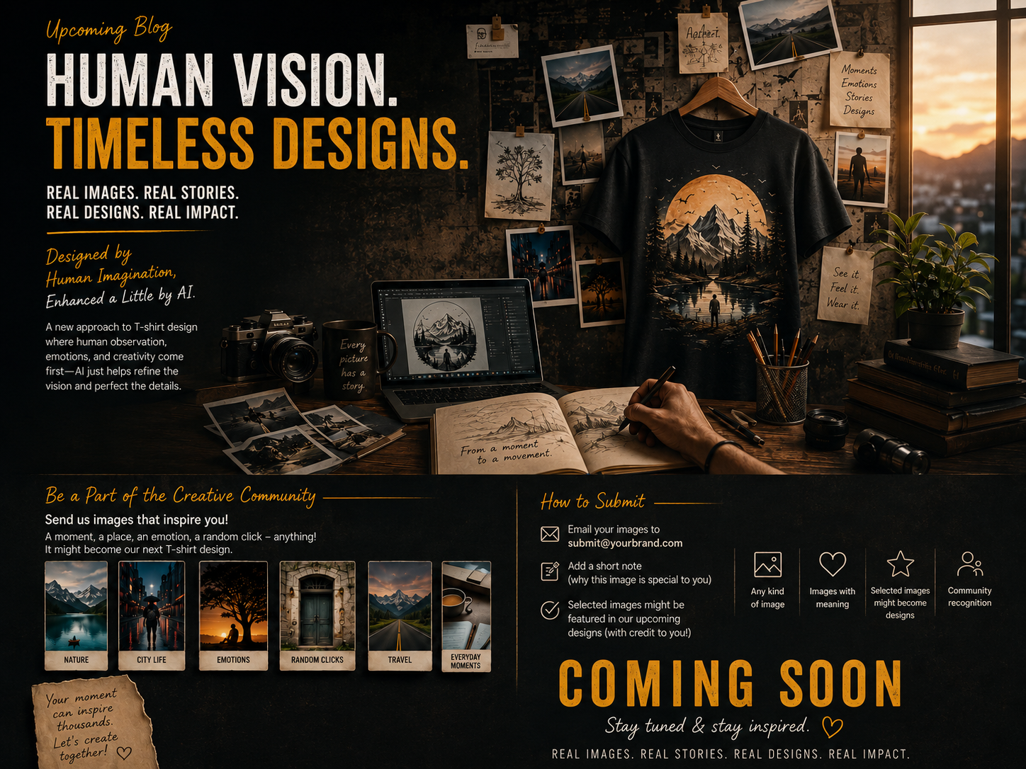 Creative workspace poster featuring a black graphic T-shirt inspired by human imagination, surrounded by photography prints, sketches, design tools, and cinematic lighting representing a human-driven POD fashion design process enhanced with minimal AI ass