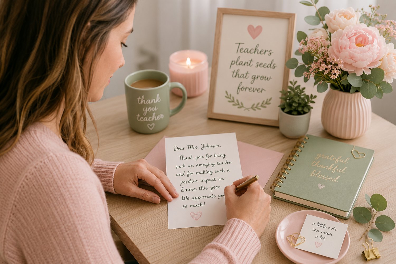 Mom writing thank you note to teacher mockup