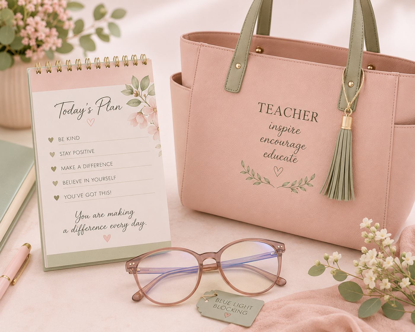 Teacher handbag, planner page and glasses mockup