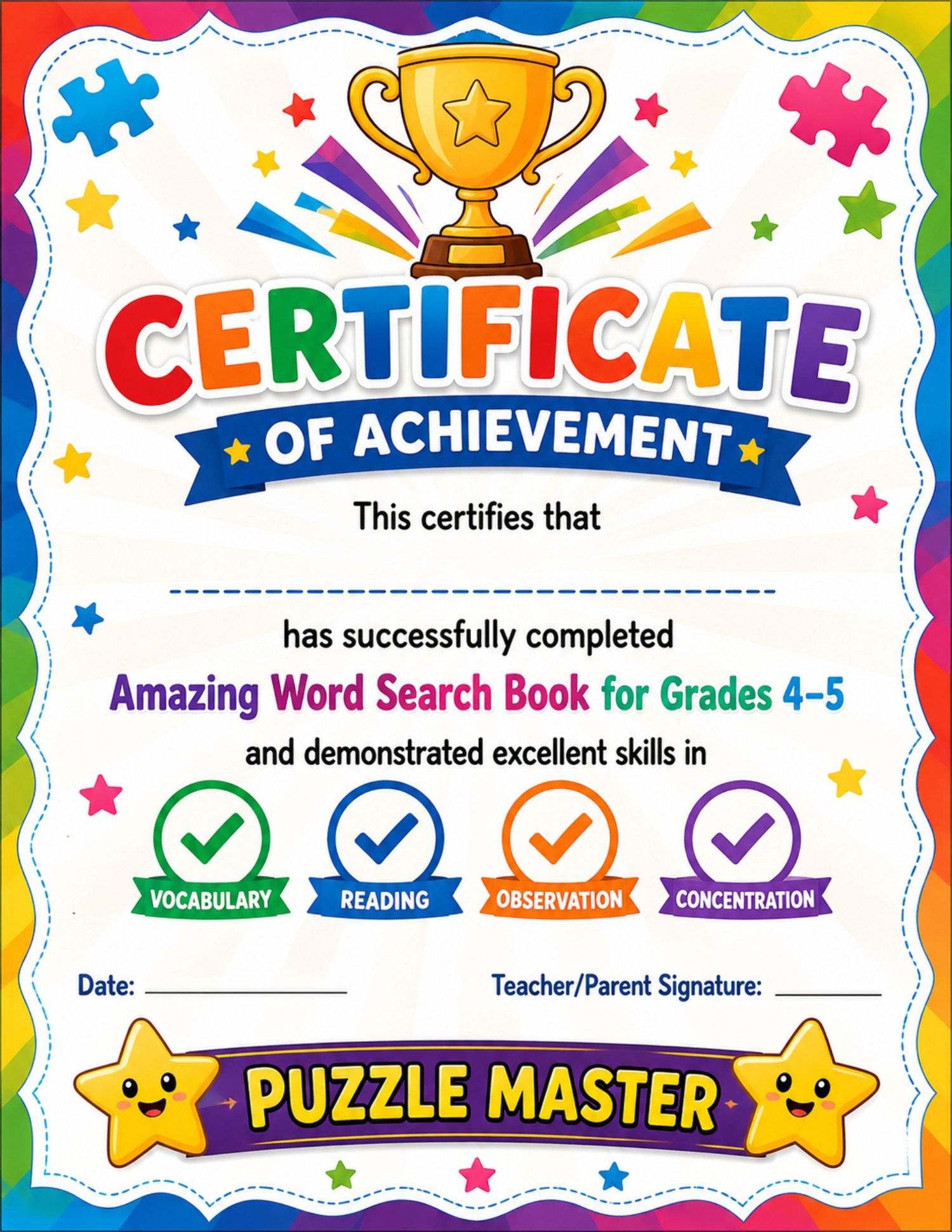 **Alt Text:**  Colorful back cover of a childrens word search puzzle book for Grades 4–5. Features a smiling child solving puzzles, educational benefits, bonus activities, and fun learning themes in a bright outdoor scene with trees, flowers, and cheerfu