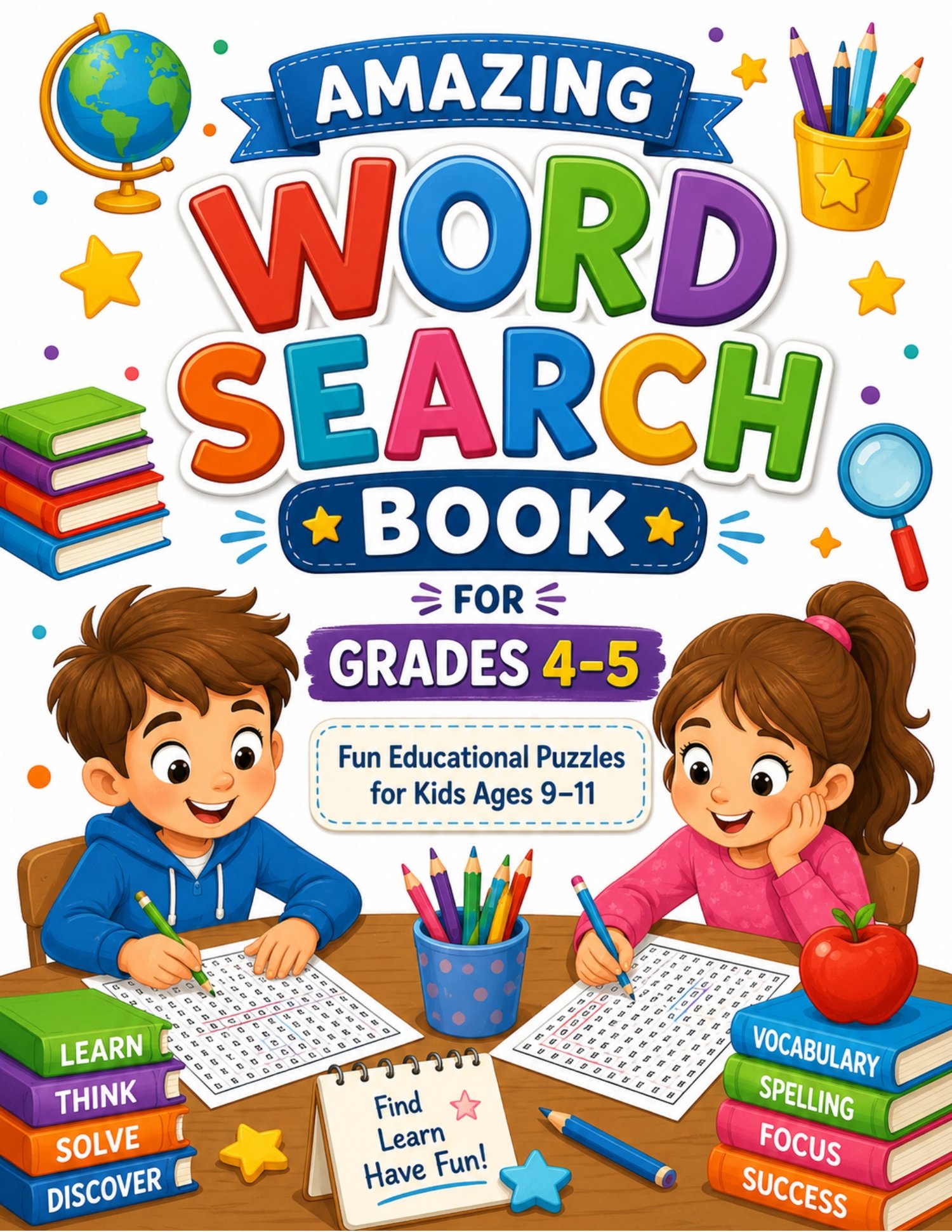 **Alt Text (Payhip):**  Colorful back cover of the *Amazing Word Search Book for Grades 4–5* featuring a cheerful cartoon child solving a puzzle outdoors. The design highlights 30+ educational word search puzzles, answer pages, bonus activities, vocabulary building, spelling practice, concentration skills, and fun learning for children ages 9–11. Bright illustrations include trees, flowers, a sunny landscape, school and travel icons, and a motivational message encouraging learning through puzzles.