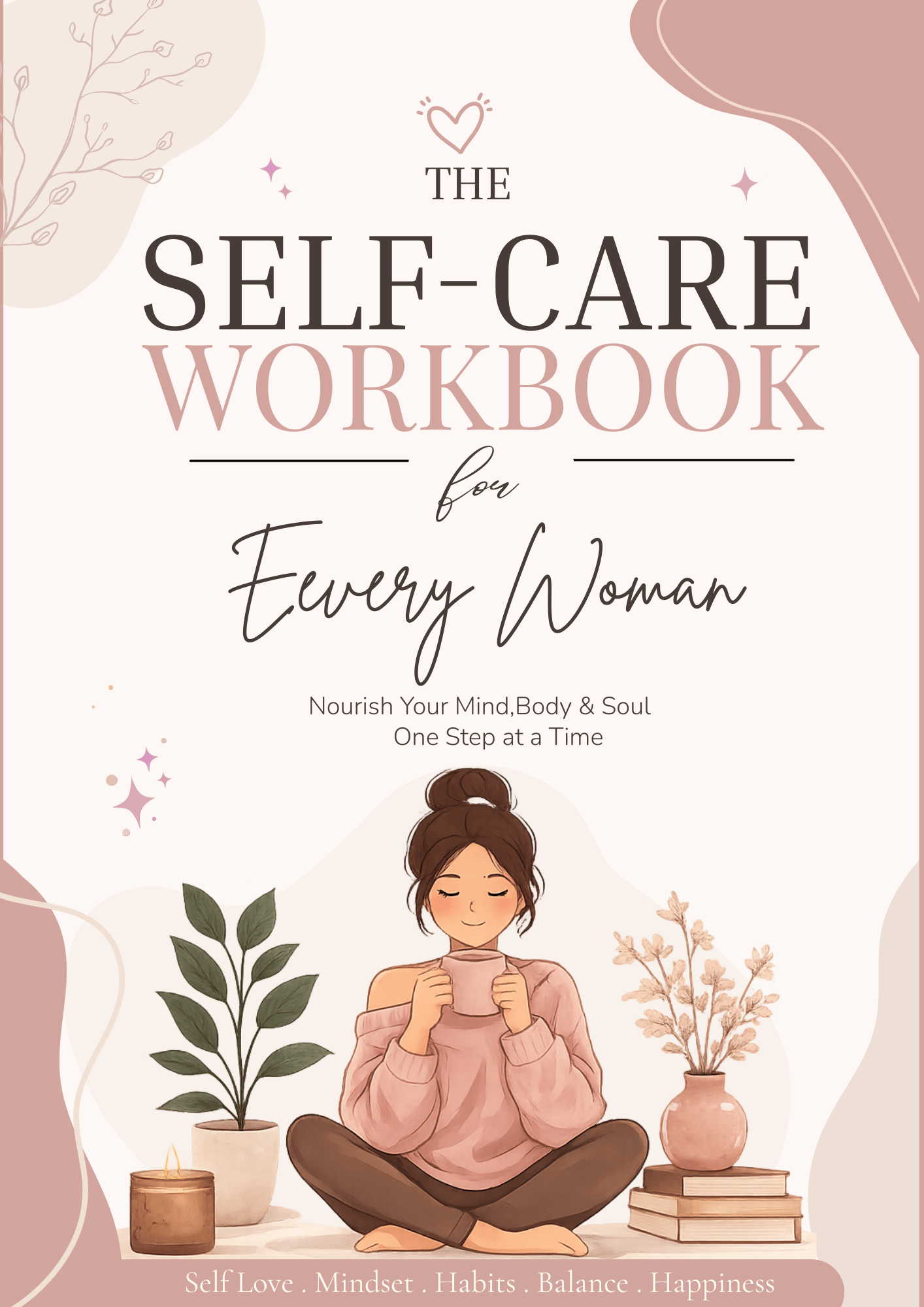 An elegant, beautifully structured digital workbook title page displaying 'Self-Care for Every Woman: Habits & Rituals' with minimalist line art of a calm woman holding a warm cup, styled in soft aesthetic beige, rose gold, and cream tones.