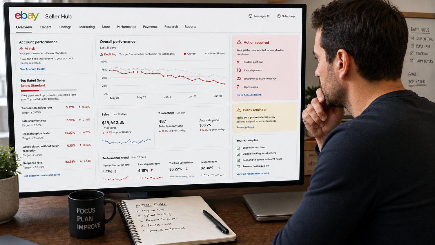 eBay seller reviewing declining account performance metrics
