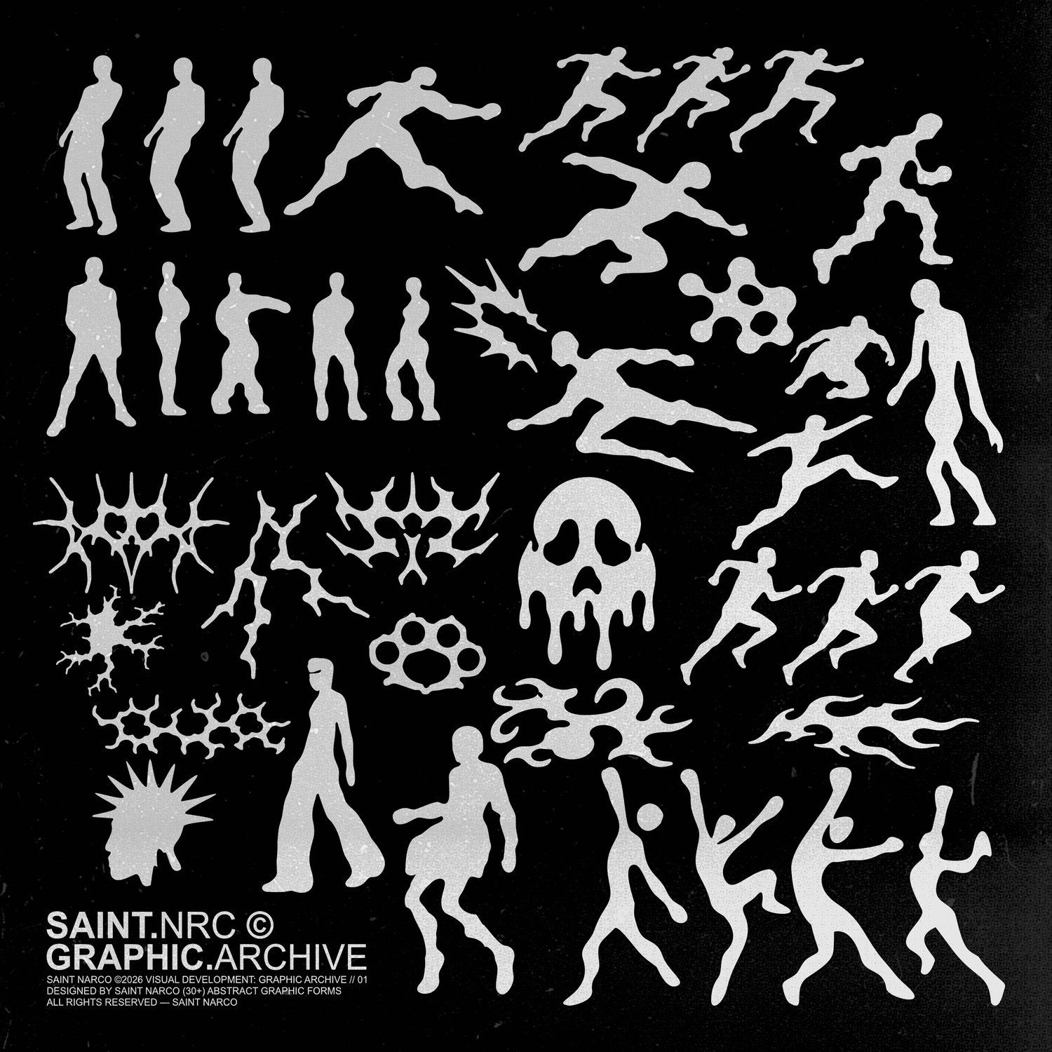 SAINT.NRC Graphic Archive 01 — 30+ white silhouettes on black background: human figures in motion, abstract shapes, skull, decorative elements. Vector & raster graphic pack for designers.