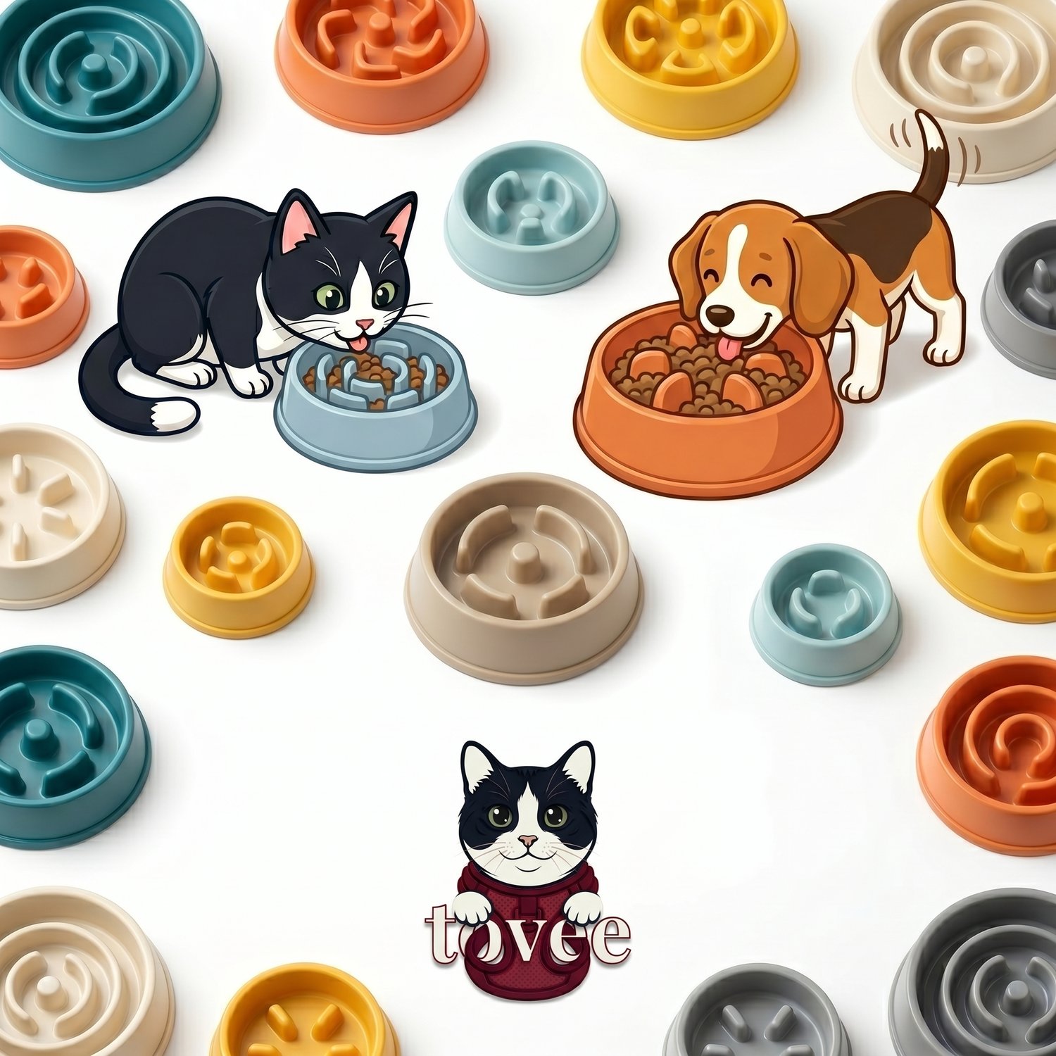 TOVEE slow feeder bowl collection for cats and dogs,  designed to prevent gulping and support healthy  eating habits.