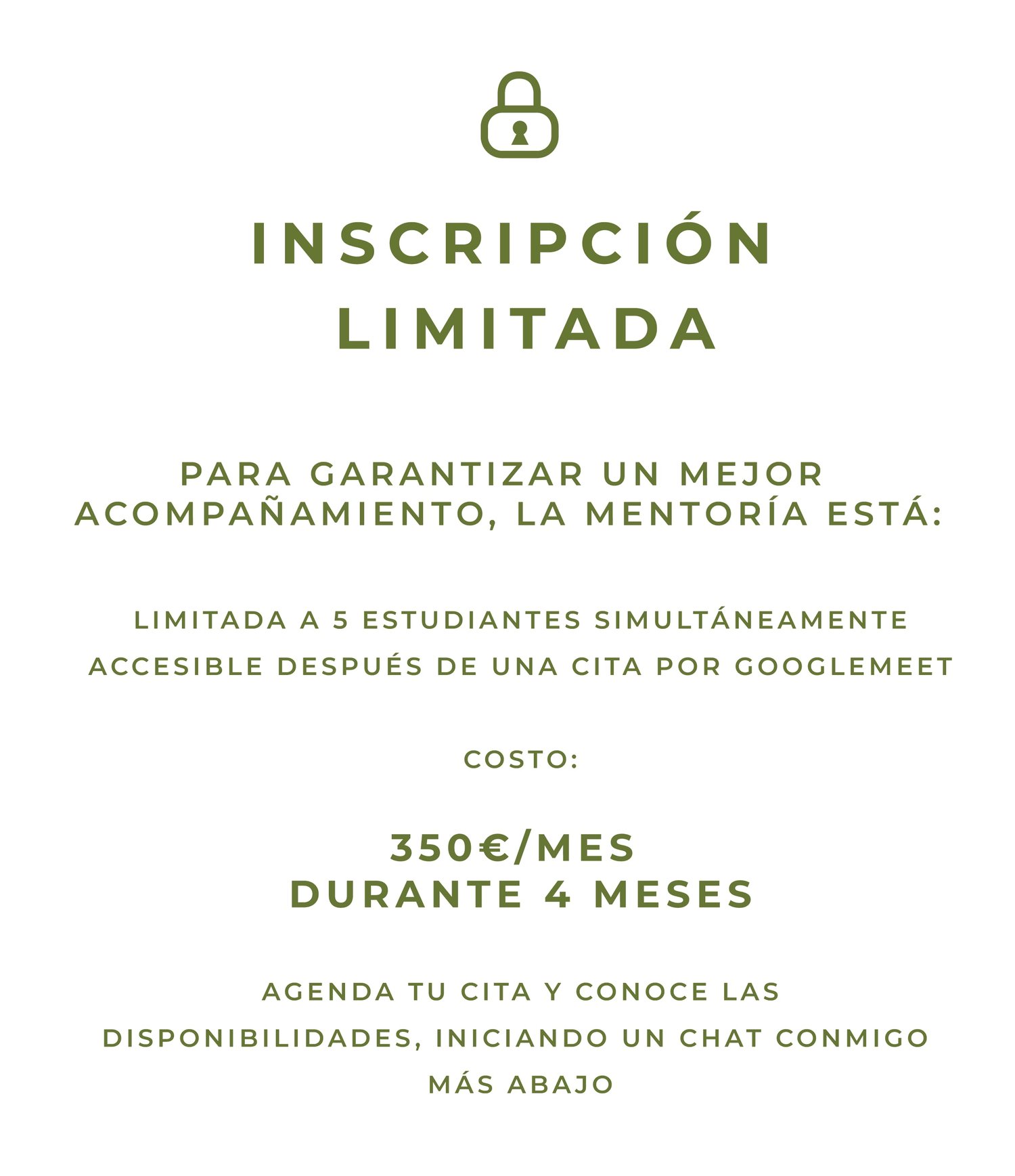 inscripción, limitada, mentoría, premium, costo, cita, googlemeet
