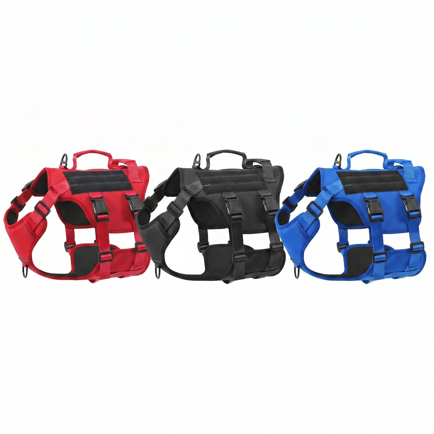 Tactical Dog Harness all colors Red Black Blue together showing three color options for large dogs