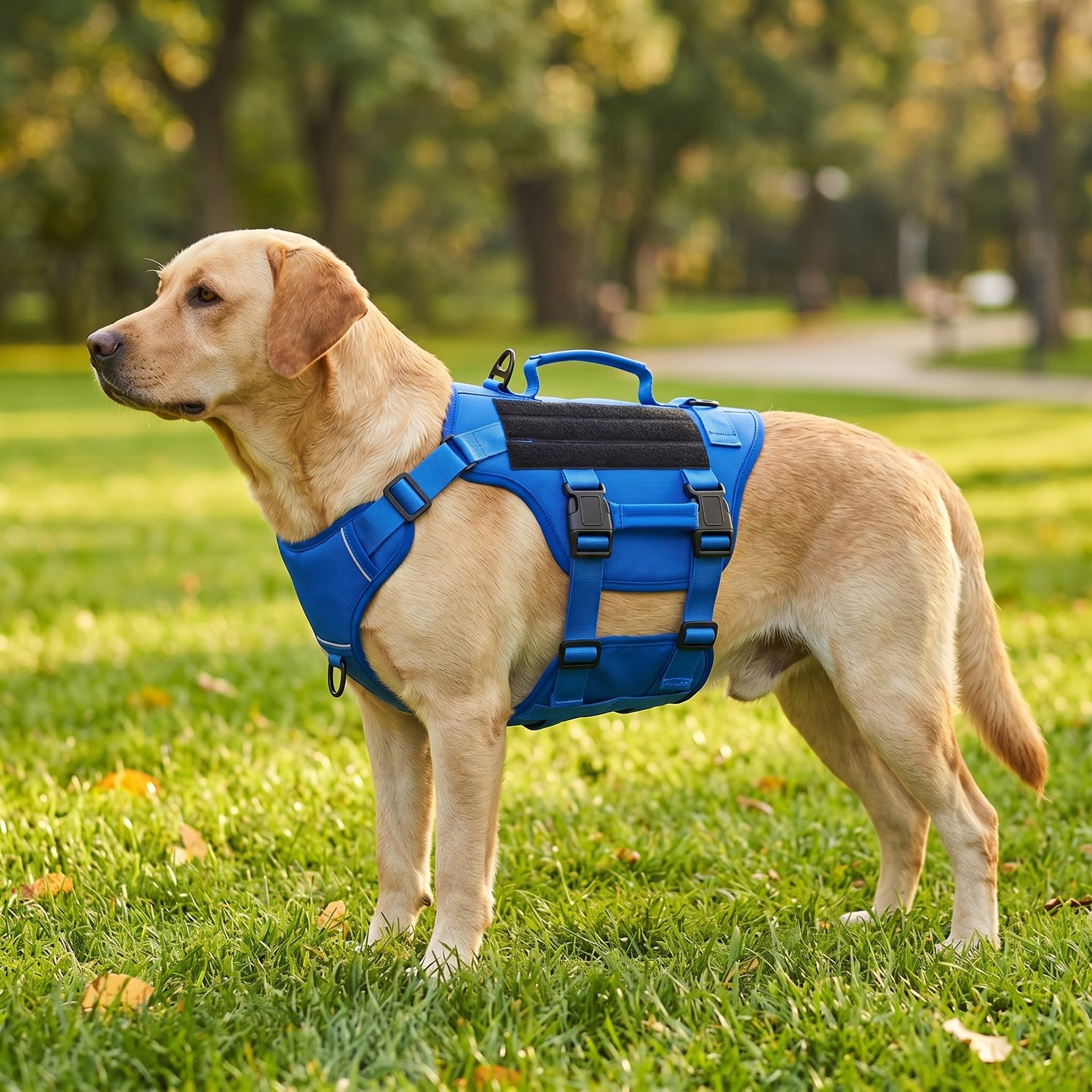 Tactical Dog Harness in Black folded flat on cream linen surface harness only leash not included