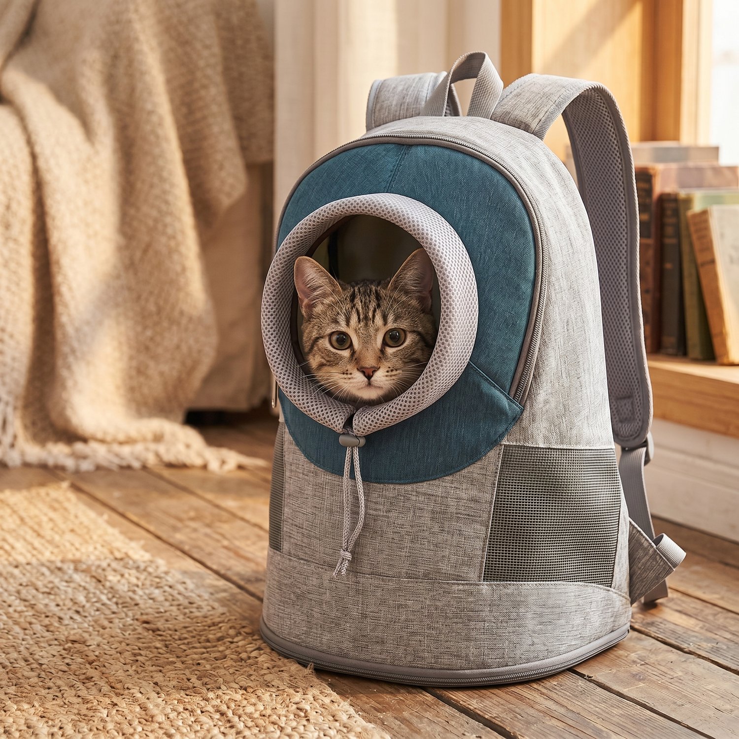 Small cat peeking out from Blue Shoulder Pet Bag breathable mesh pet carrier calm expression home setting